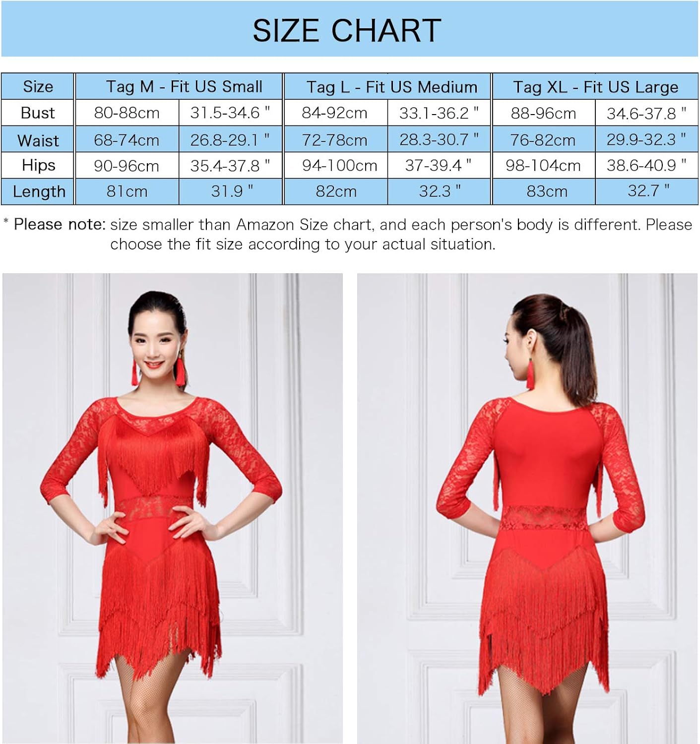 ZX Women's Fringed Ballroom Costume Lace Round Neck 1/2 Sleeve Tango Salsa Latin Dance Dress with Shorts : Clothing, Shoes & Jewelry