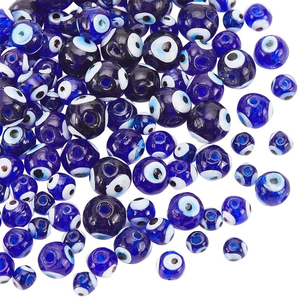 NBEADS 120 Pcs Lampwork Glass Evil Eye Beads, 6/8/10/12mm Handmade Lampwork Beads Turkish Evil Eye Spacer Beads Round Evil Eye Loose Beads for Bracelets Necklace Jewelry Making, Blue