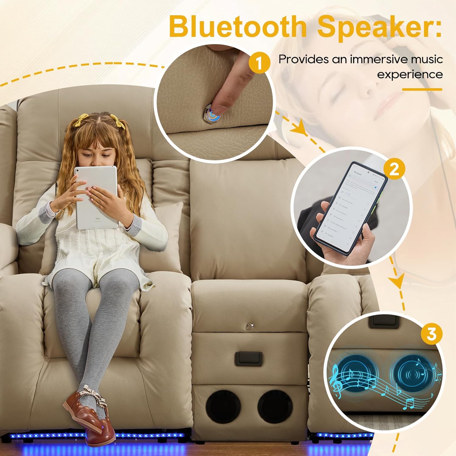 IPKIG 67" Power Reclining Loveseat Sofa, Electric Home Theater Seating with Console/4 Colors Ambient Lighting/Bluetooth Speakers/USB Ports/Built-in Outlets (Beige, Loveseat Recliner)
