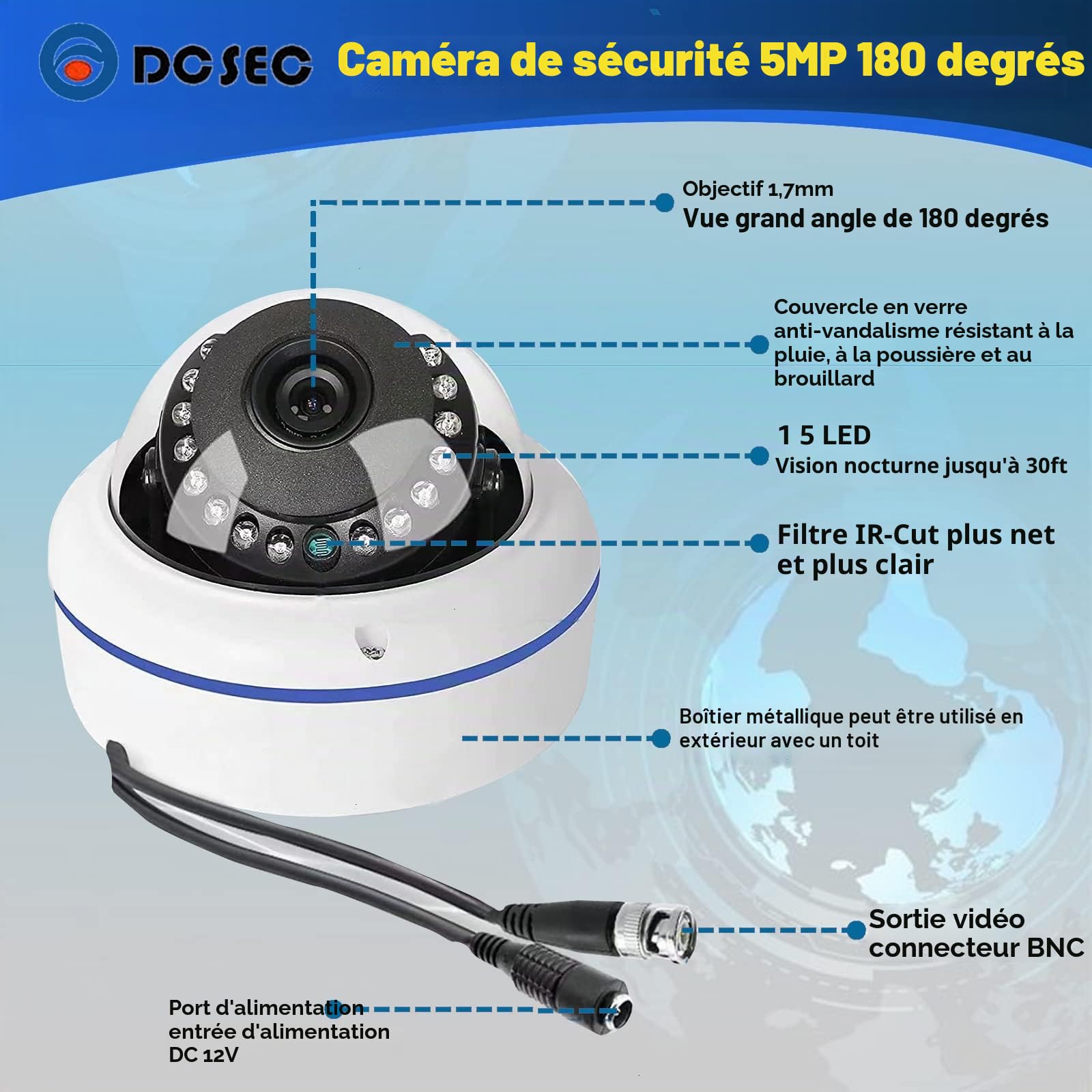 Caméra de sécurité à dôme à Angle Large 5 MP 4 MP 4 MP 180 degrés HD-TVI/CVI/AHD/960H analogique 4 en 1 HD Surveillance CCTV 1,7 mm Fisheye Objectif extérieur/intérieur IR Vision Cam