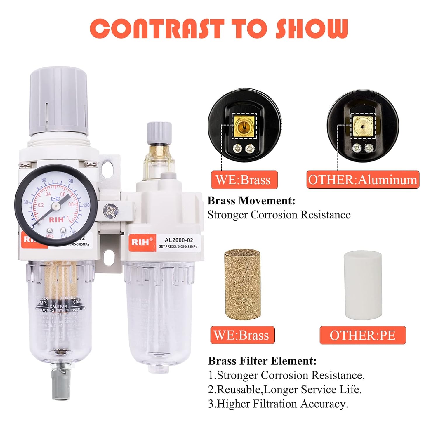 RIH Pneumatics 1/4“ NPT Compressed Air Filter Regulator Lubricator Combo Water/Oil Trap Separator - Gauge(0-150 psi), Auto Drain and Manuall-Drain,Poly Bowl,Bracket - 3 in 1 Two Unit - Image 4