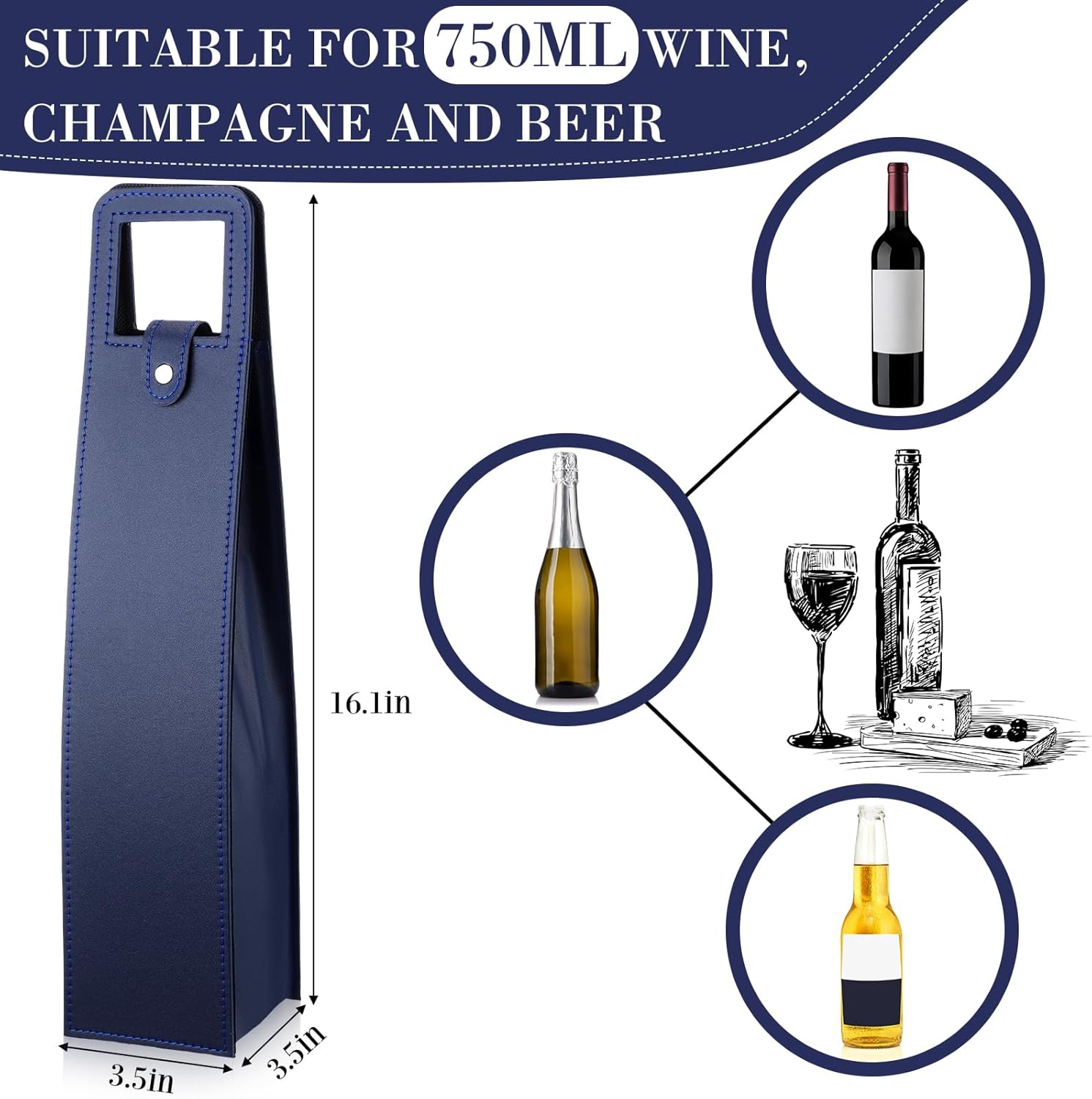 FillTouch 10 Pcs Leather Wine Gift Bags Reusable Leather Wine Tote Carrier Single Bottle Champagne Beer Protector Gift Bags for Parties Birthdays Wedding Christmas(Navy Blue,Classic Style)