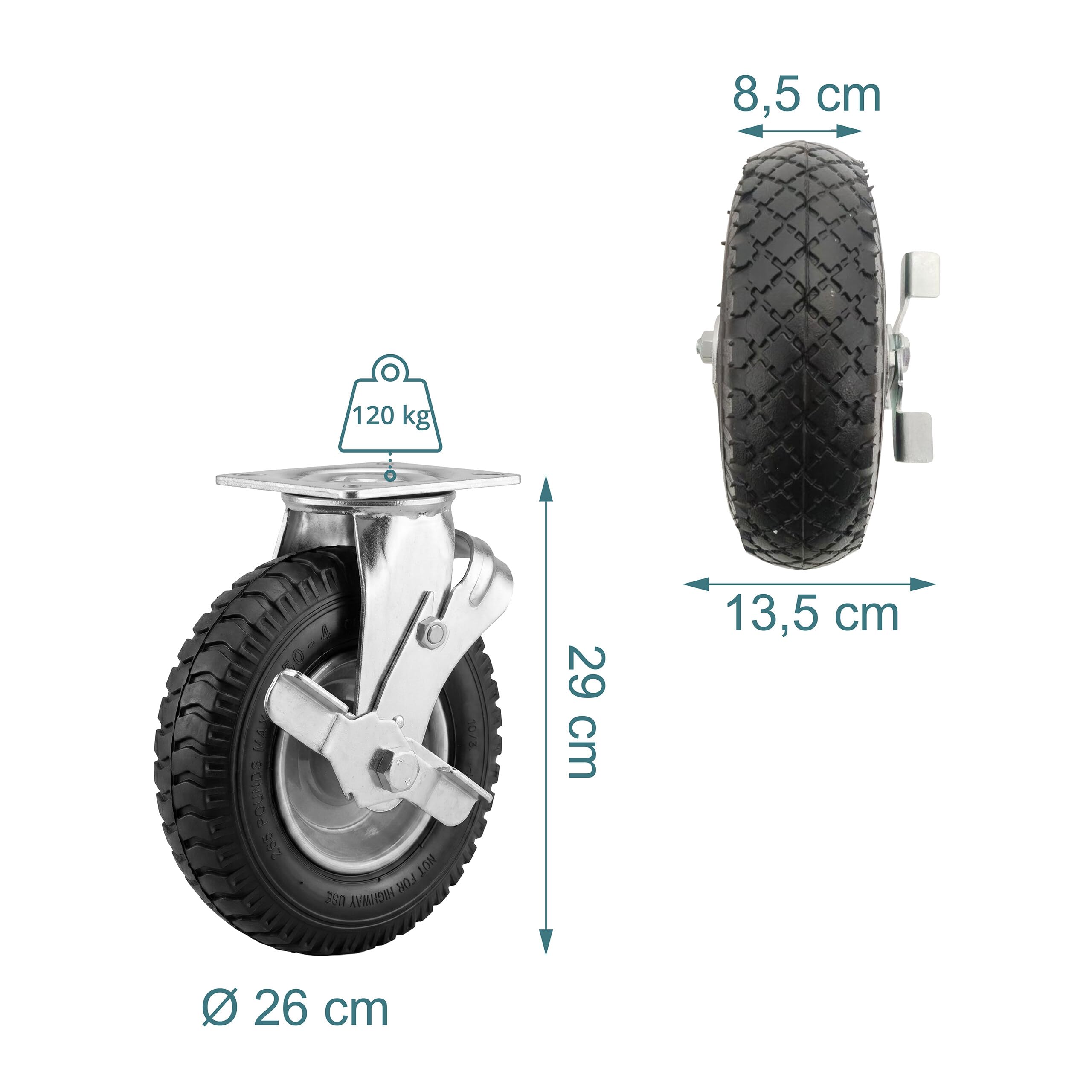 Relaxdays ruedas giratorias con freno, pack de 2, 3.00-4, negro/plateado | 120 kg, neumáticas, goma y acero, carga pesada