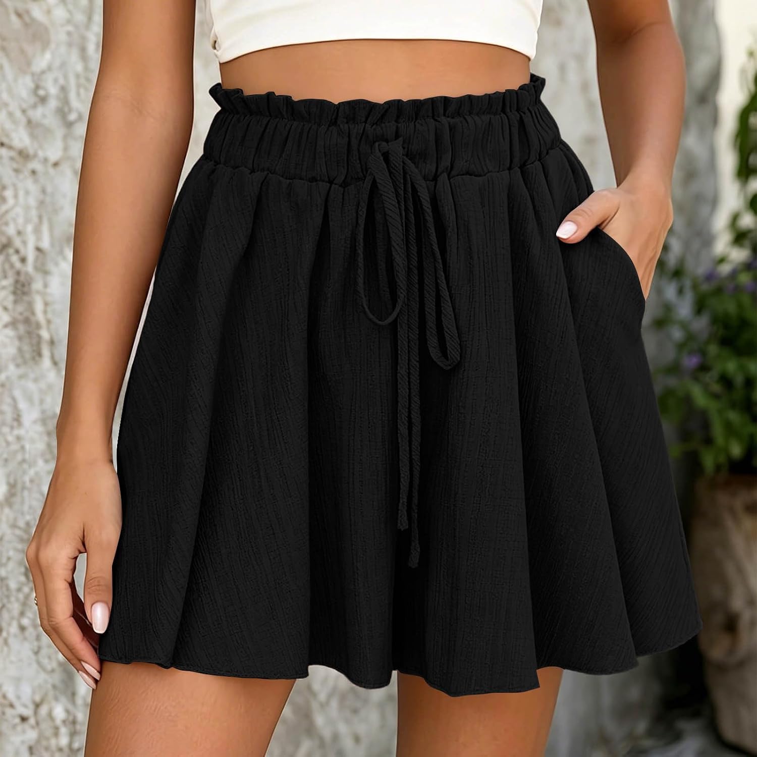 Flowy Shorts for Women High Waisted Drawstring Casual Summer Beach Vacation Shorts with Pockets Solid Color Outfit