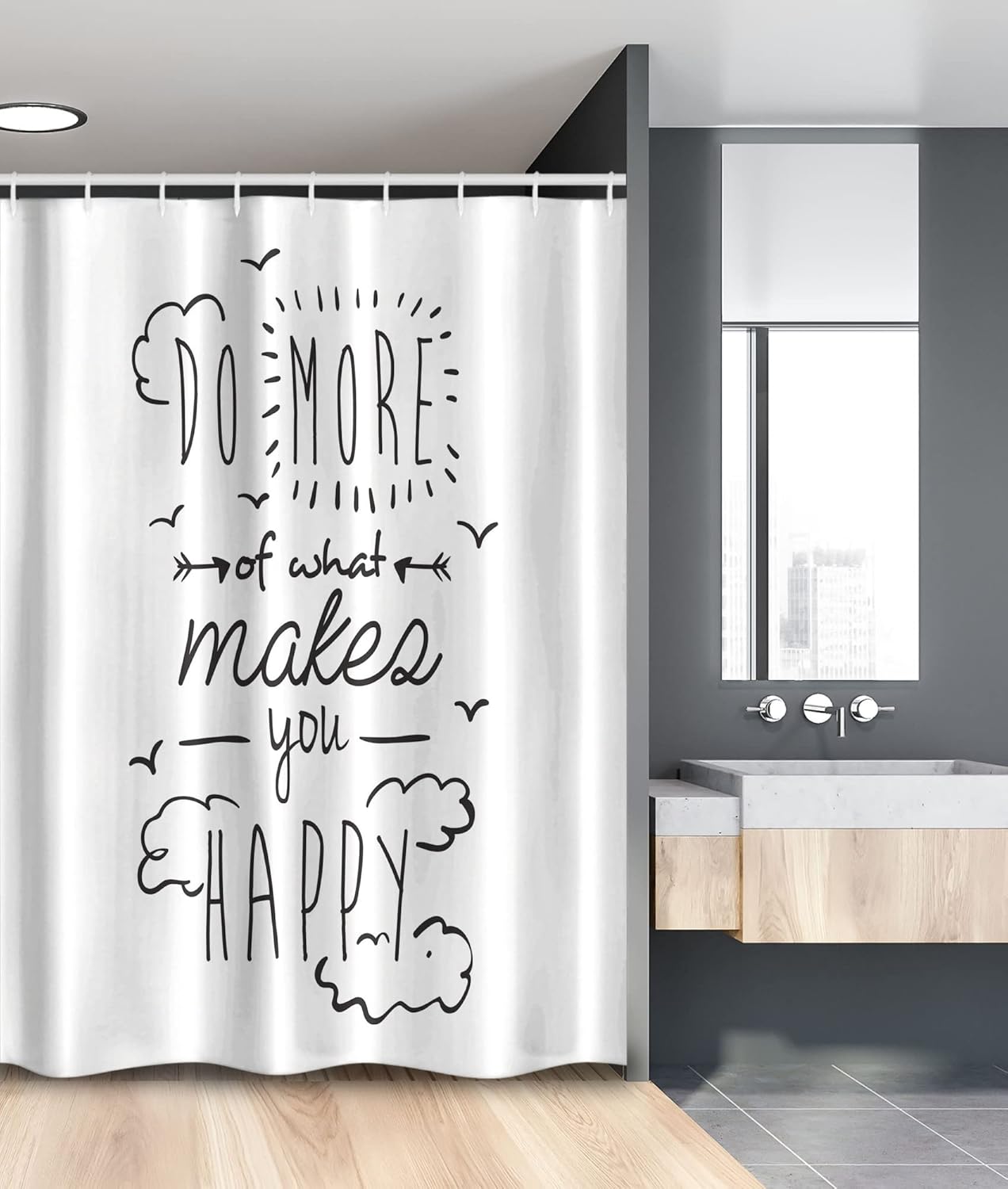 Ambesonne Saying Stall Shower Curtain, Do More of What Makes You Happy Clouds Achievement Attitude Positivity Print, Fabric Bathroom Decor Set with Hooks, 54" W x 78" L, White Black