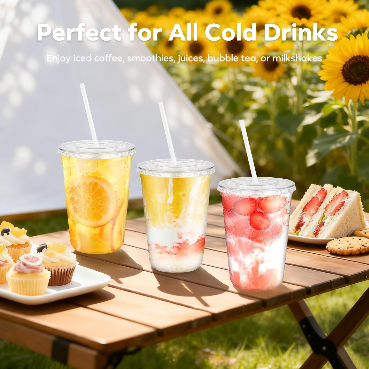50PCS 14 oz Clear Cups with Lids and Straws, Plastic Disposable Coffee Smoothie Milkshake Juice Cups To Go, Iced Drink Cold Beverage Cup for Home, Office, BBQ, Parties, Outdoor Events, Travel