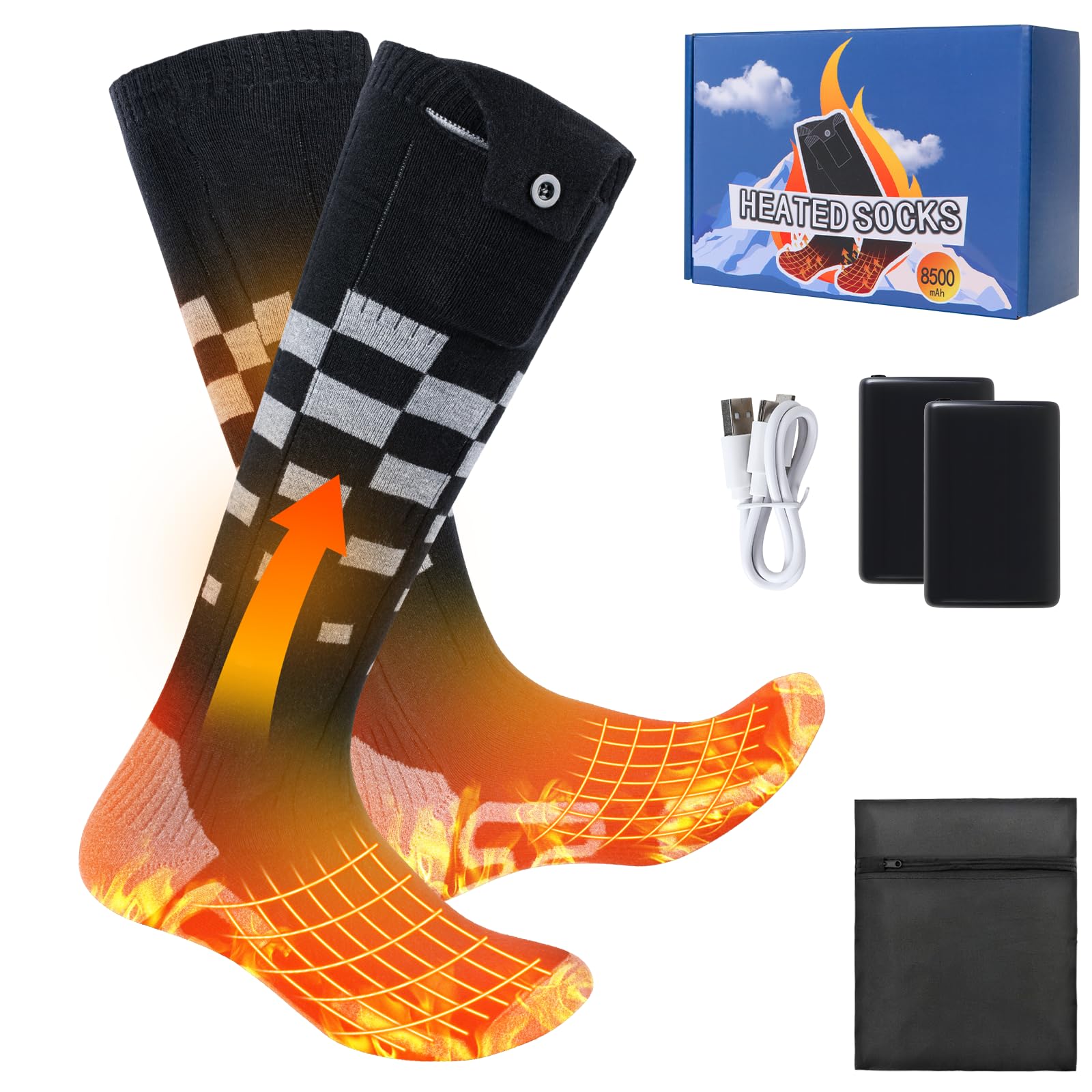 Olycism Heated Socks 8500mAh Battery Rechargeable Electric Heated Socks for Men Women 4 Temperature Adjustable Outdoor Riding Camping Hiking Motorcycle Skiing Warm Winter Socks，Size-M.