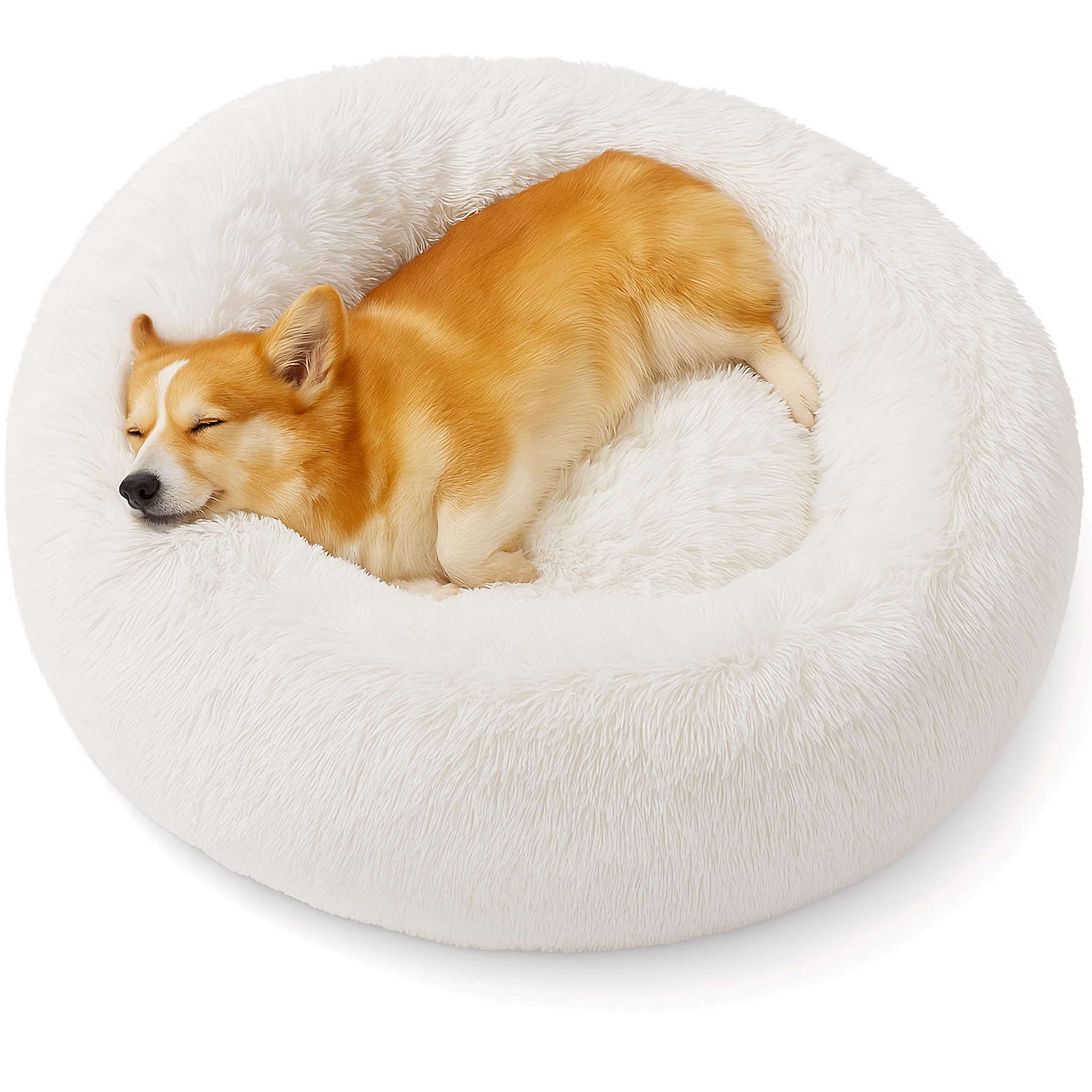 SEOUGEE Calming Donut Dog Bed, Fluffy Plush Round Cat Bed, Cosy Soft Washable Cushion Warming Pet Beds with Non-Slip Bottom, Indoor Sleeping Cuddler Nest for Small Medium Dogs (White 70cm)