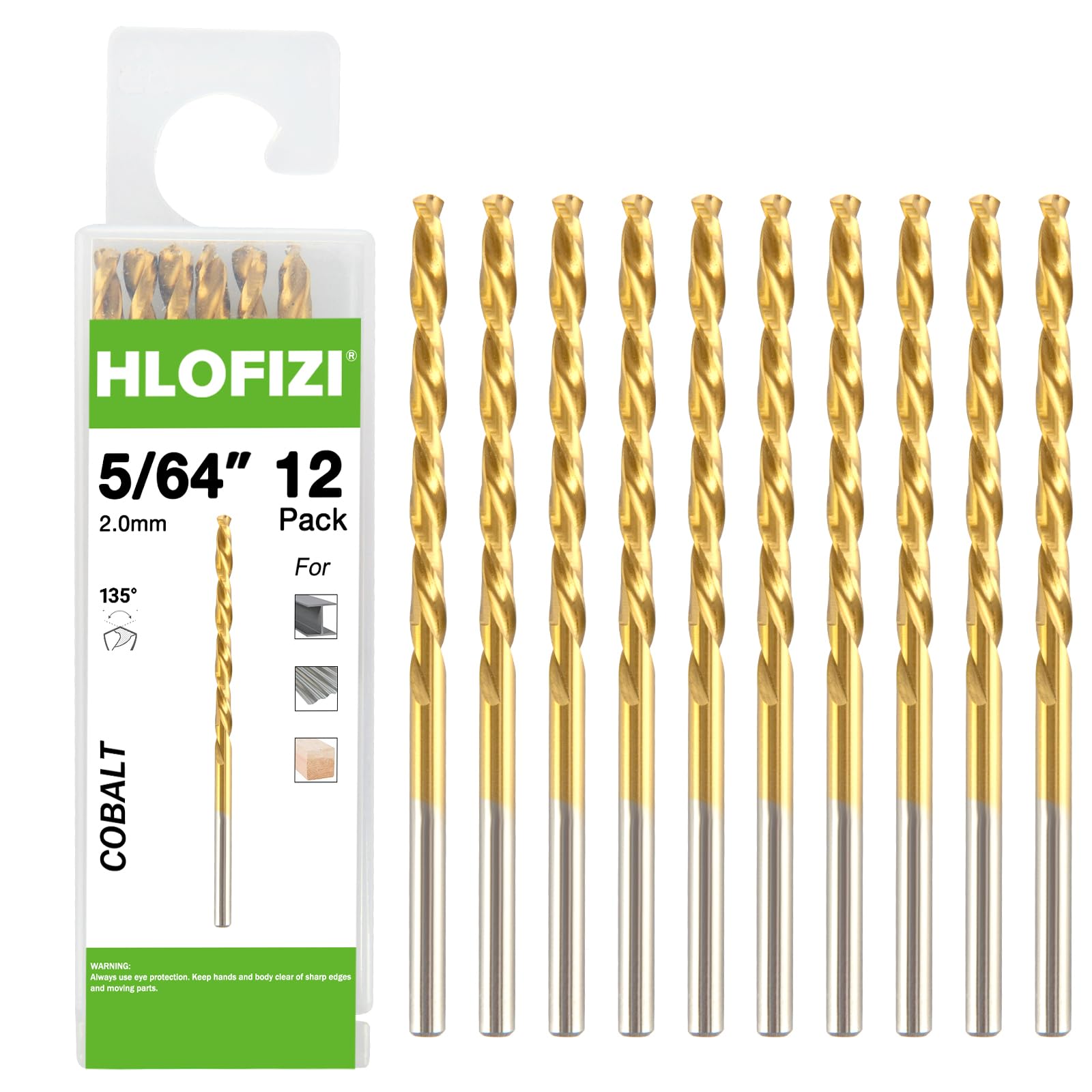 HLOFIZI 5/64" Cobalt Drill Bit (12 Pack), Titanium Twist Drill Bits for Metal, Stainless Steel, Cast Iron and Wood