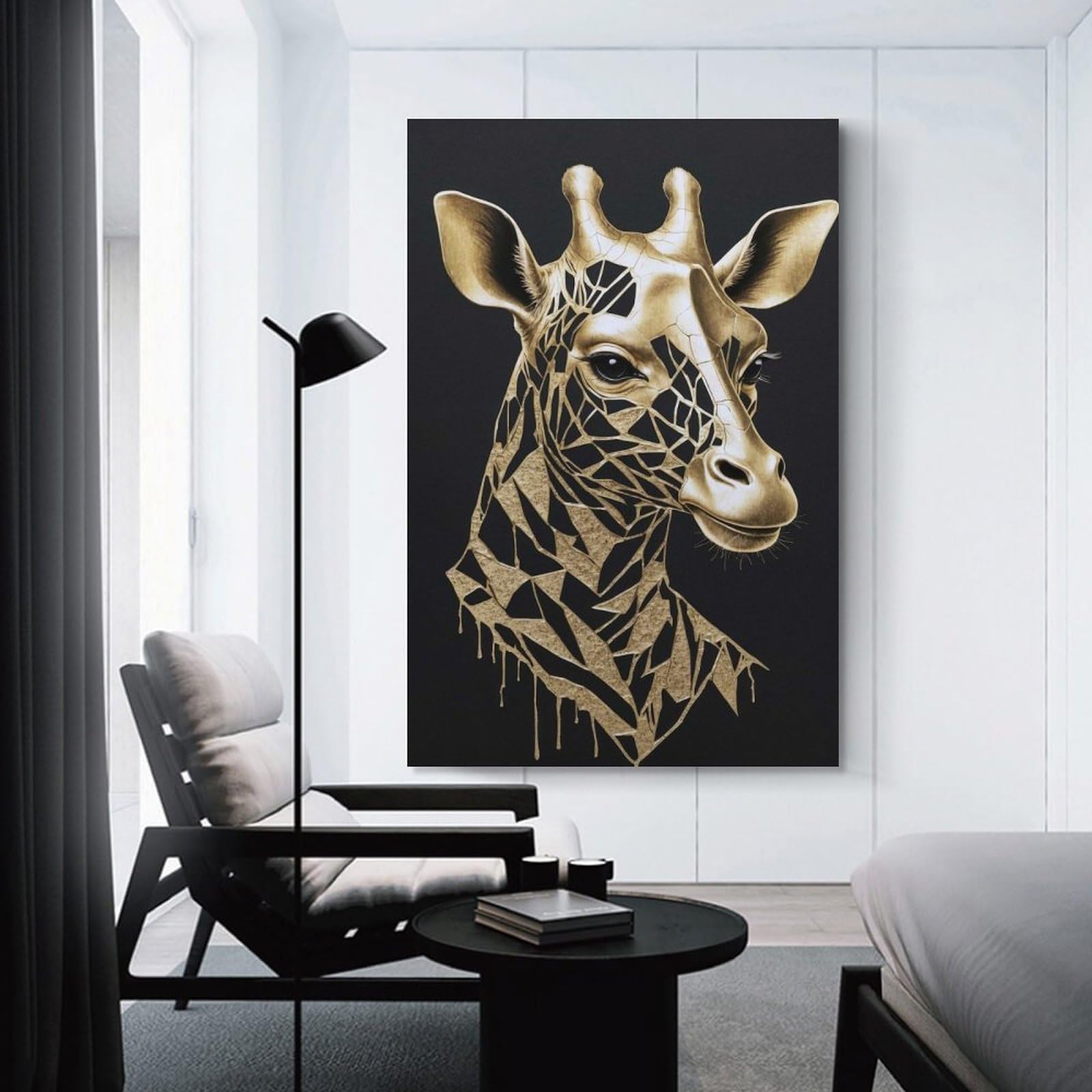 Junmoney Golden Giraffe Portrait on Black Background Decorative Wall Artwork, 20x30inch(50x75cm), for Home Lounge, Bedroom Or Reading Nook, Easy Decor for Gallery Walls