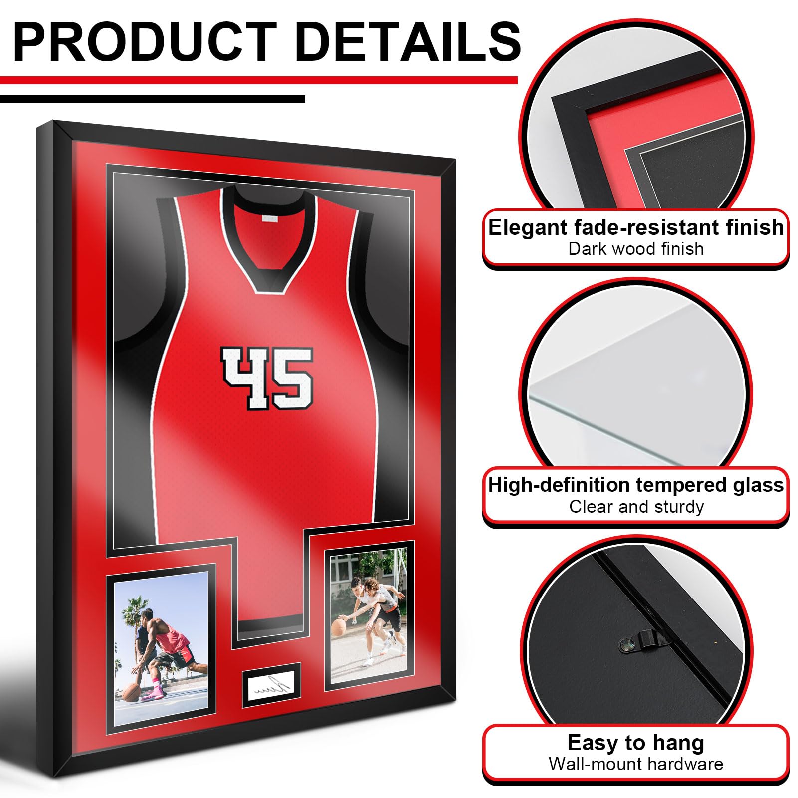 Juexica Vitrina de madera de vidrio templado para montar en la pared, de 32 x 24 pulgadas, para béisbol, baloncesto, fútbol, hockey, camiseta deportiva, además de mostrar dos fotos, una firma