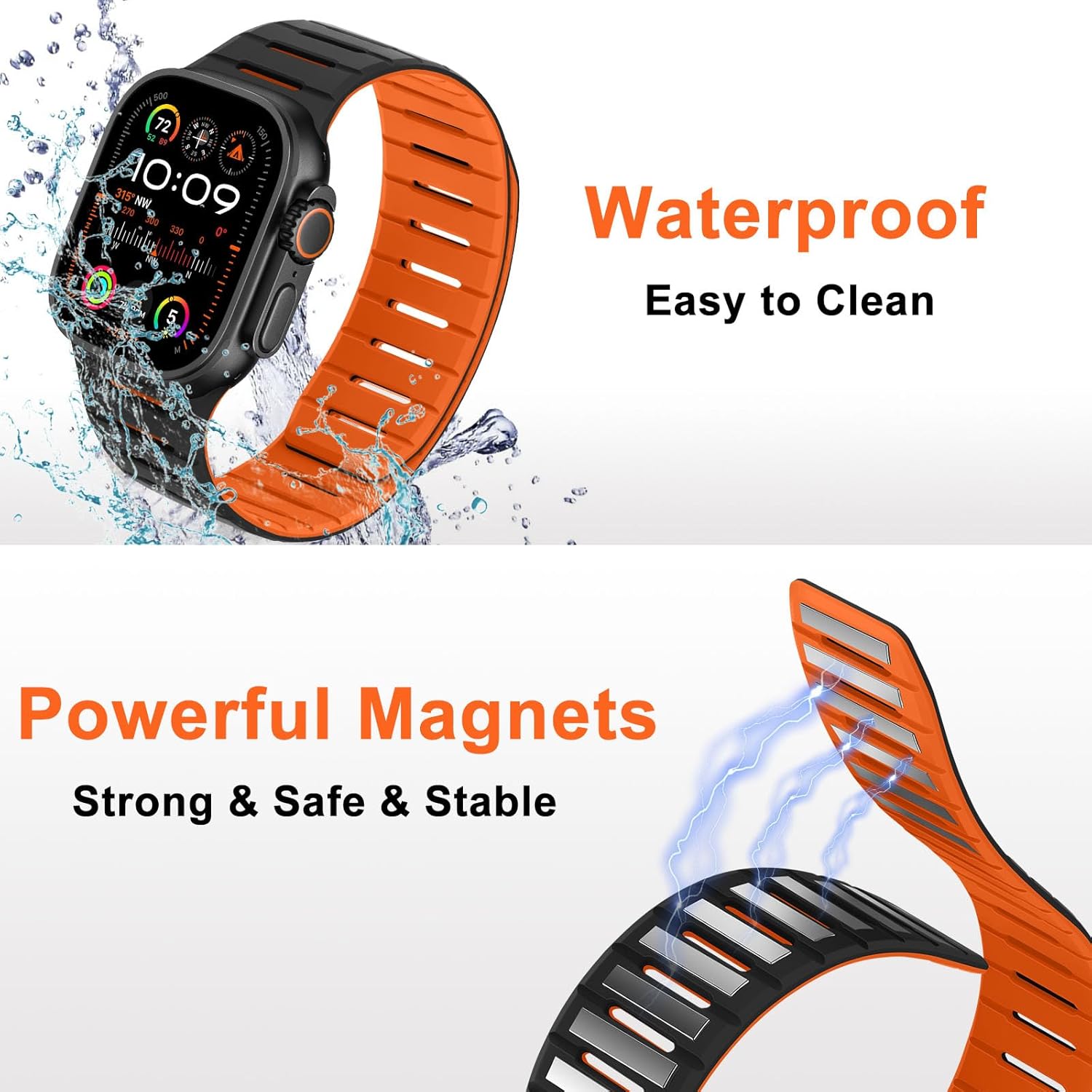 HITZEE Double Sided Reversible Magnetic Band Compatible with Apple Watch Band 49/46(S11/10)/45/44/42mm, Breathable Soft Band for iWatch Ultra 3/2/1 SE3-1 Series 11 10 9 8 7 6-1, Black/Orange