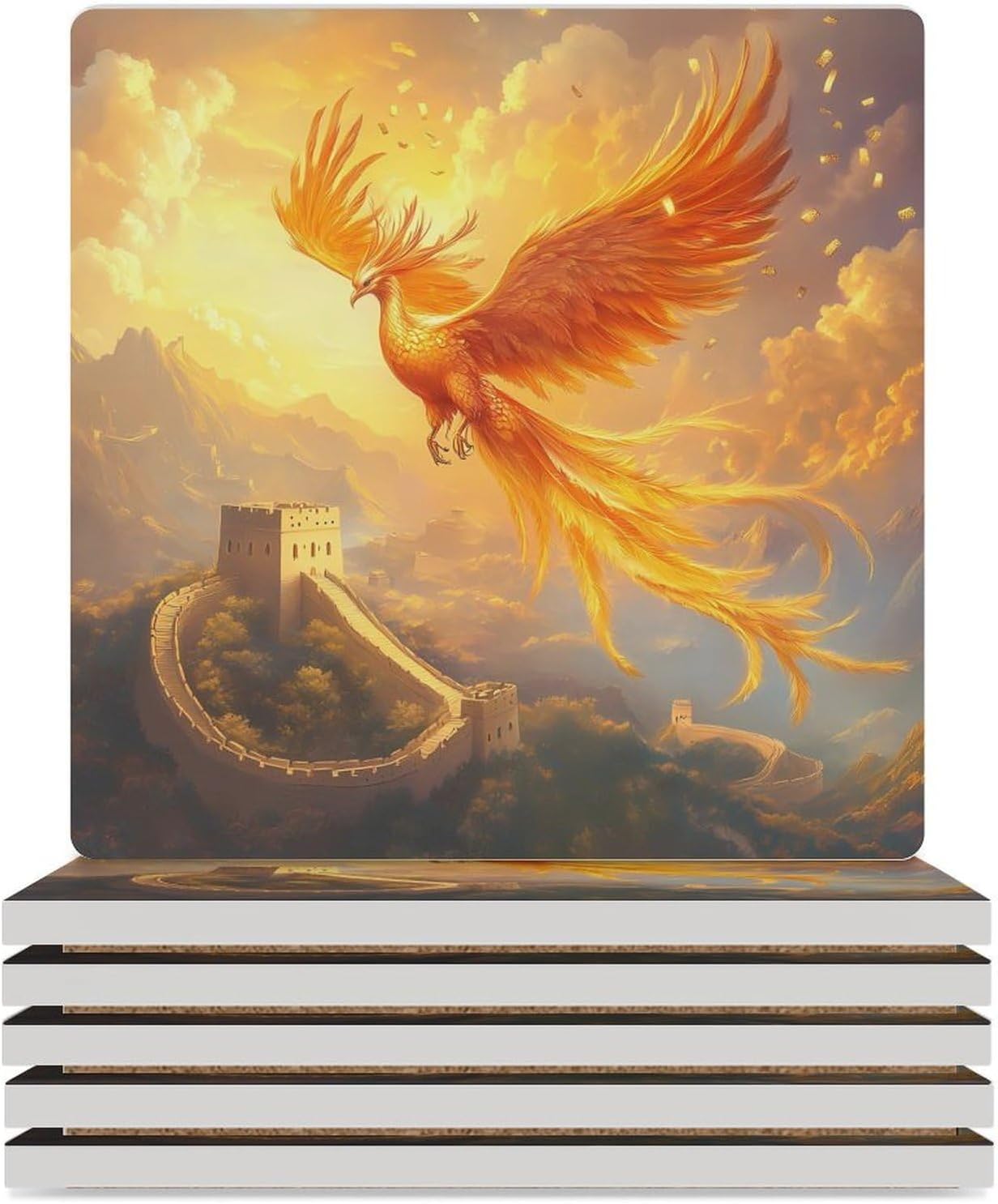 Chinese Phoenixes Coasters for Drinks Square Table Coasters Set Cup Mats with Cork Base