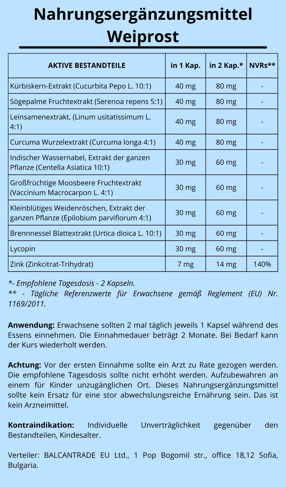 Weiprost Nahrungsergänzungsmittel mit Sägepalme, Kurkuma, Kürbiskerne, Gotu Kola, 60 Kapseln