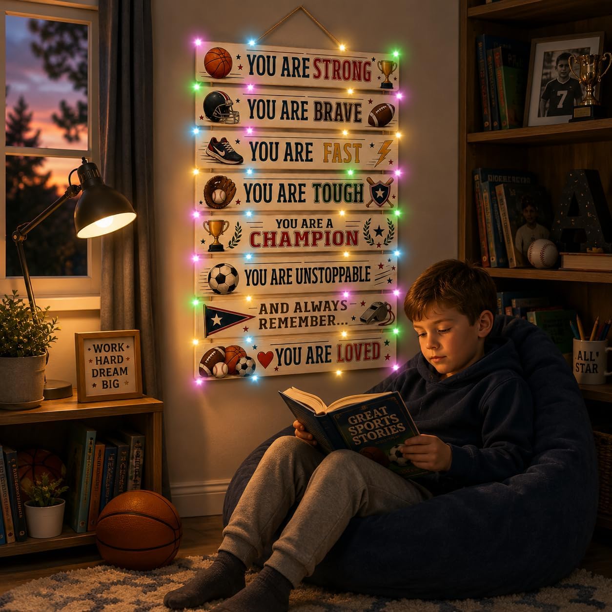 BeautiFan Motivational Wall Decor with LED Lights for Boys, Vintage Sports Positive Affirmation Wooden Hanging Sign for Kids Bedroom, Baseball Basketball Football Soccer Room Décor