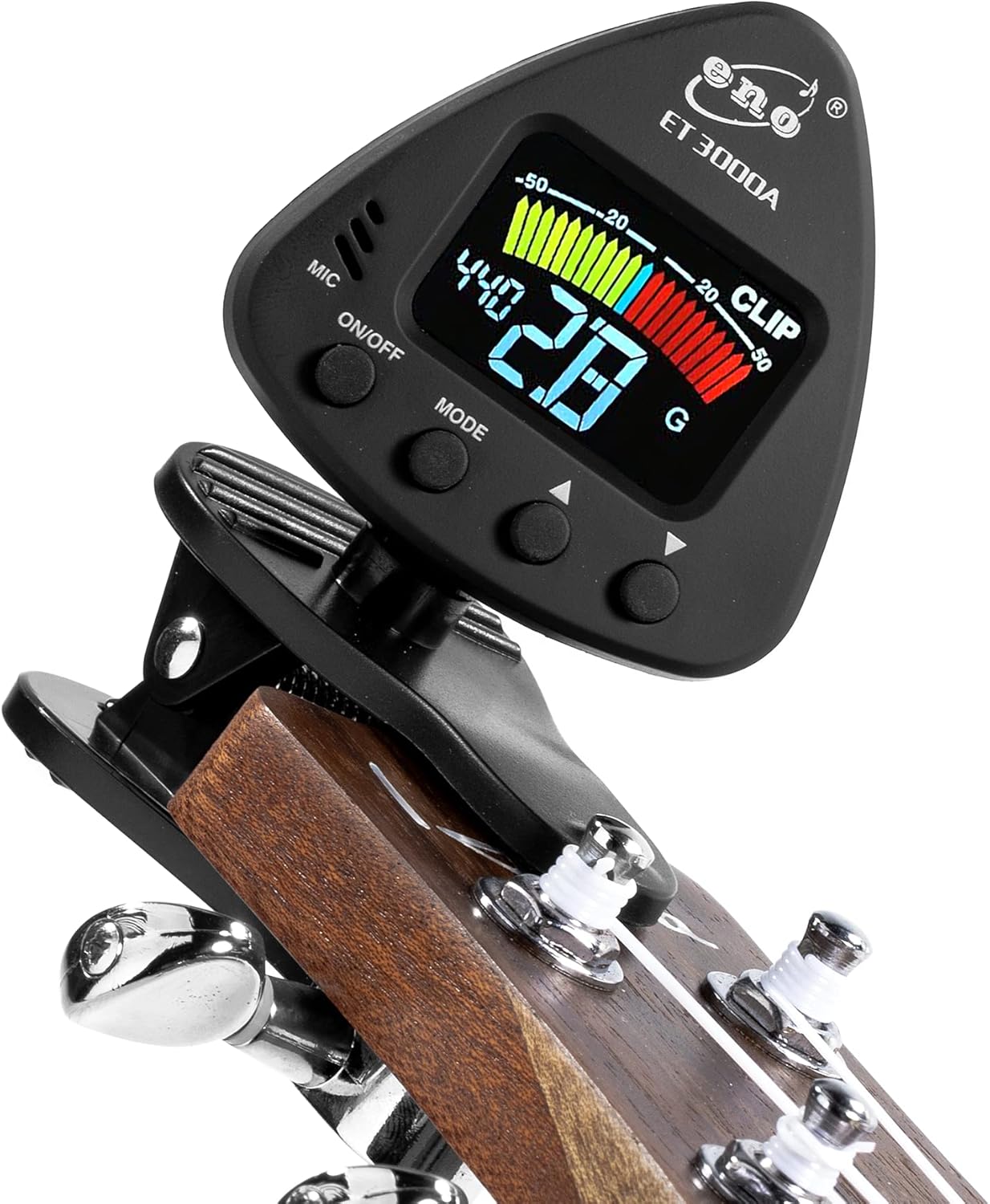 ENO MUSIC ET-3000A Clip-on Tuner attached to a ukulele headstock