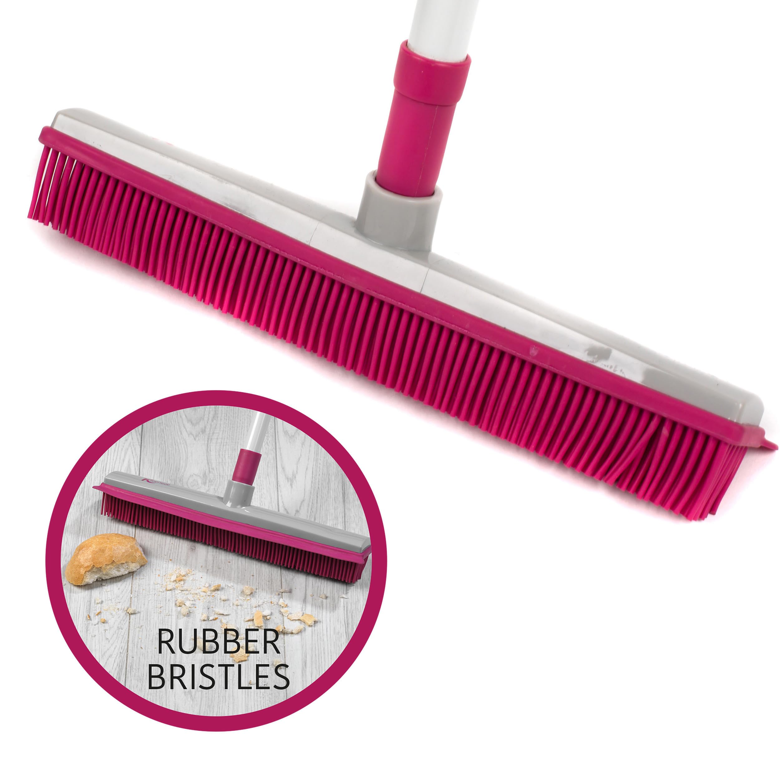 Kleeneze KL065315EU Electrostatic Rubber Head Floor Broom with Squeegee Edge, Sweeping Brush For Pet Hair, Fine Dust, Dirt and Spillages, Pink/Grey