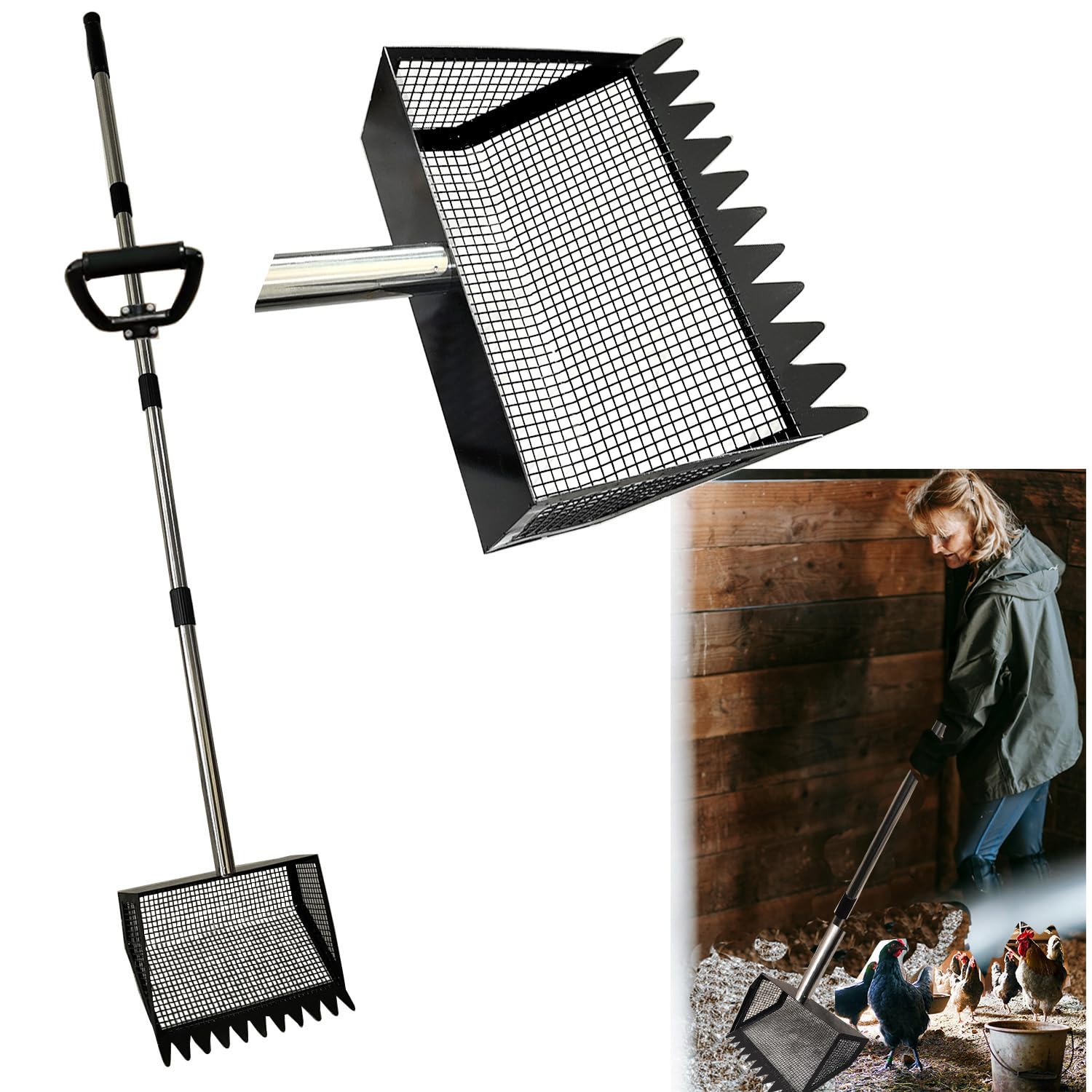2 in1 Chicken Poop Scooper & Rake 10 Inch Chicken Scooper with Ergonomic Grip Adjustable Long Handle (22 to 62") Sifting Shovel Stainless Steel Metal