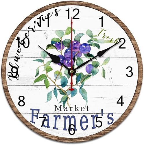 Reloj de arándano con bayas de frutas y naturaleza, acuarela, hojas verdes, reloj de pared redondo, silencioso, sin tictac, rústico, decoración del