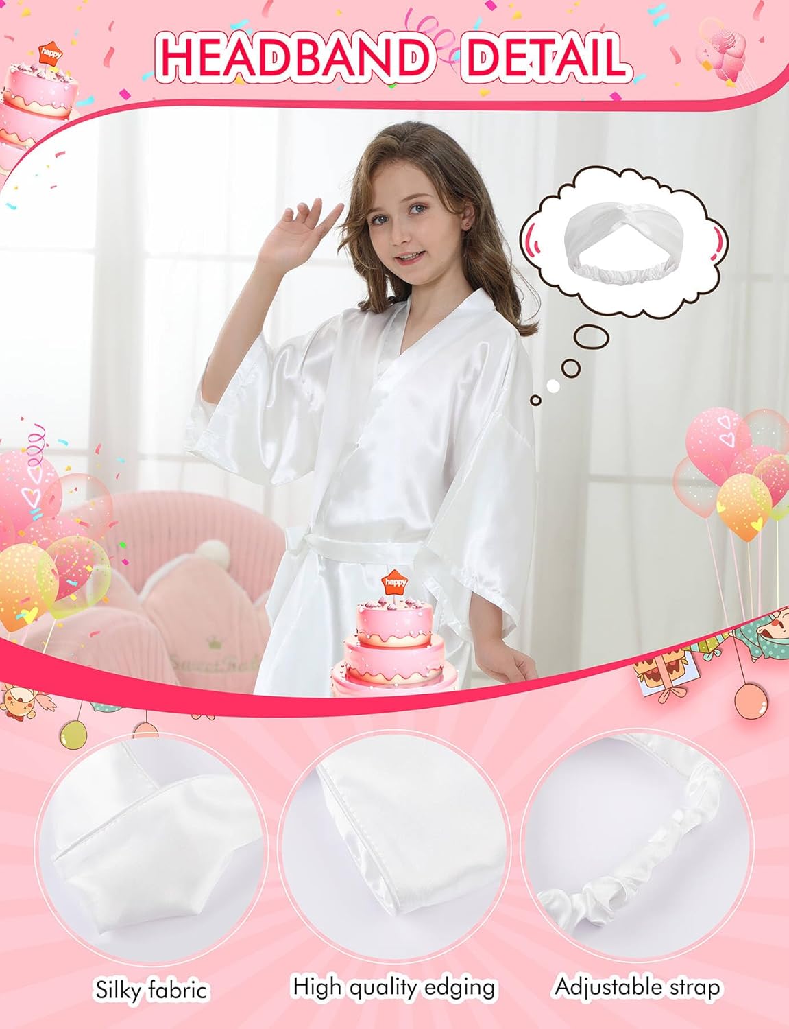 EPLAZA Kids Girls Satin Robe with Hair Band Eye Mask for Birthday Spa Bridal Party Flower Girls Wedding Robes Kimono - Image 2