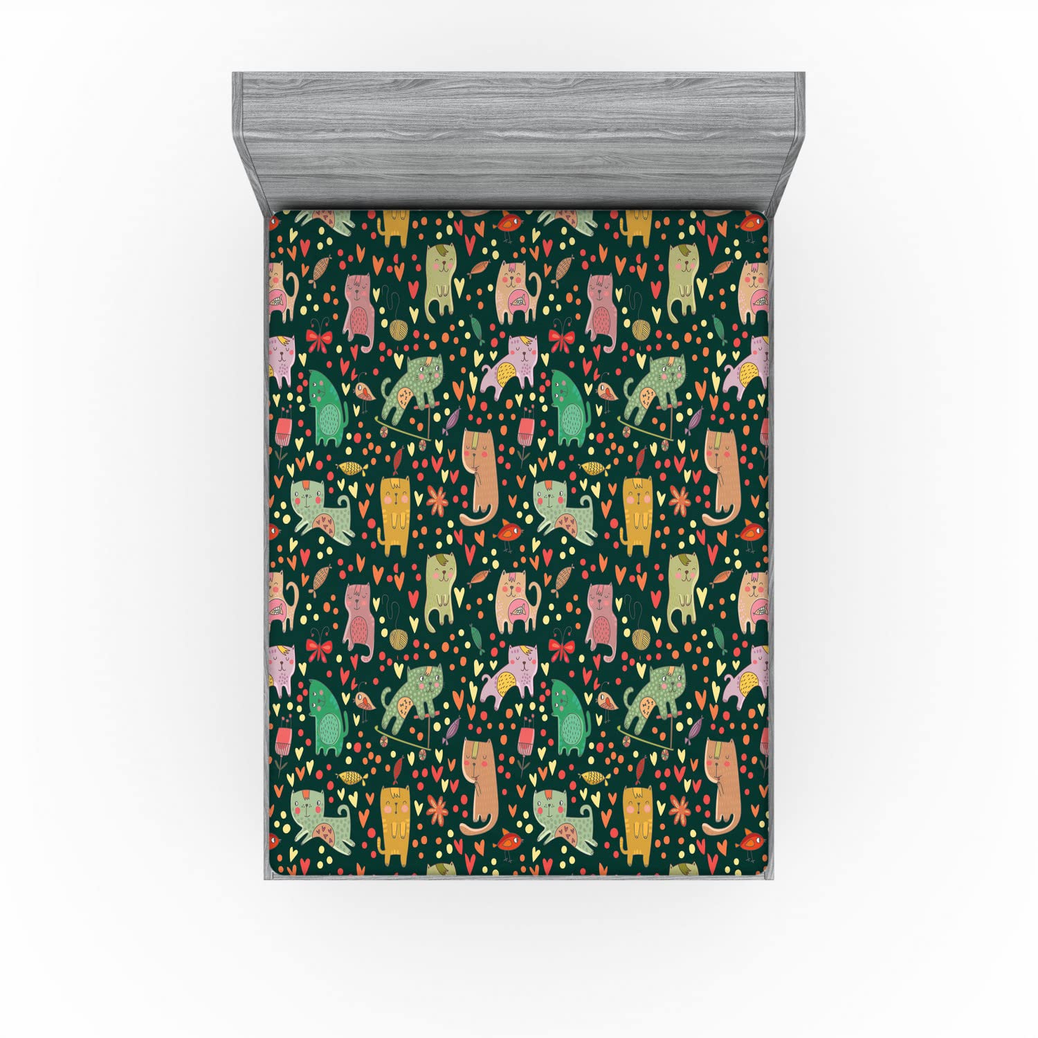 Ambesonne Cat 2 Pack Fitted Sheet, Cartoon Feline Animal, Bed Cover All-Round Elastic Deep Pockets 2 Pieces, Package Contains 2 Full Size Fitted Sheets, Black Teal