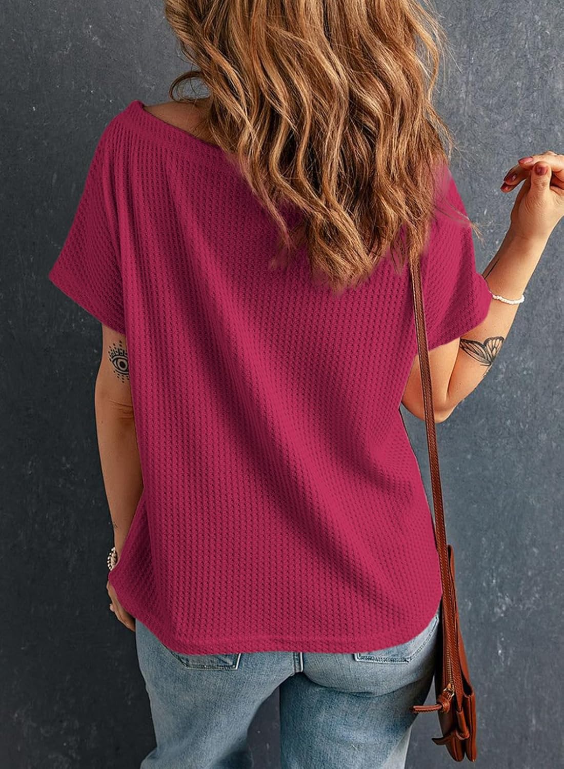 Dokotoo Women's Casual Boat Neck Short Sleeve Waffle Knit Shirts Loose Summer Tunic Tops Blouses - Image 4