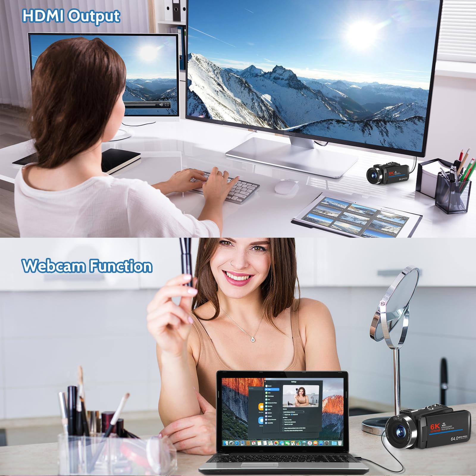 VETEK Videocamera 6K 64MP UHD WiFi Vlogging Telecamere per YouTube Zoom digitale 18X Visione notturna IR 3.0 '' Touch Screen Camcorder con scheda da 32 GB, microfono, telecomando, due batterie