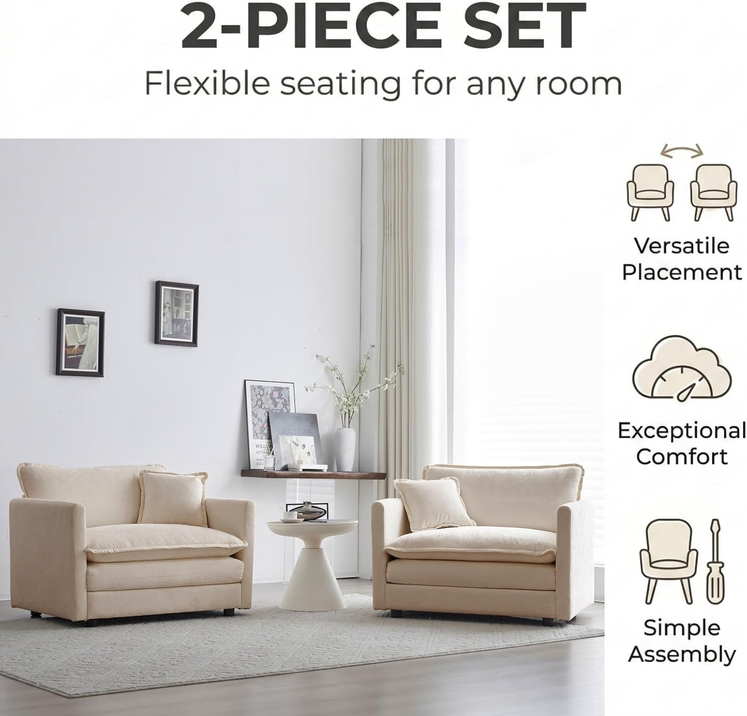 Chenille Accent Chair Set of 2 for Living Room, Upholstered Armchairs with Toss Pillows, Modular Expandable Sectional Sofa Chairs for Living Room, Bedroom, Apartment, Solid Wood Frame, Beige