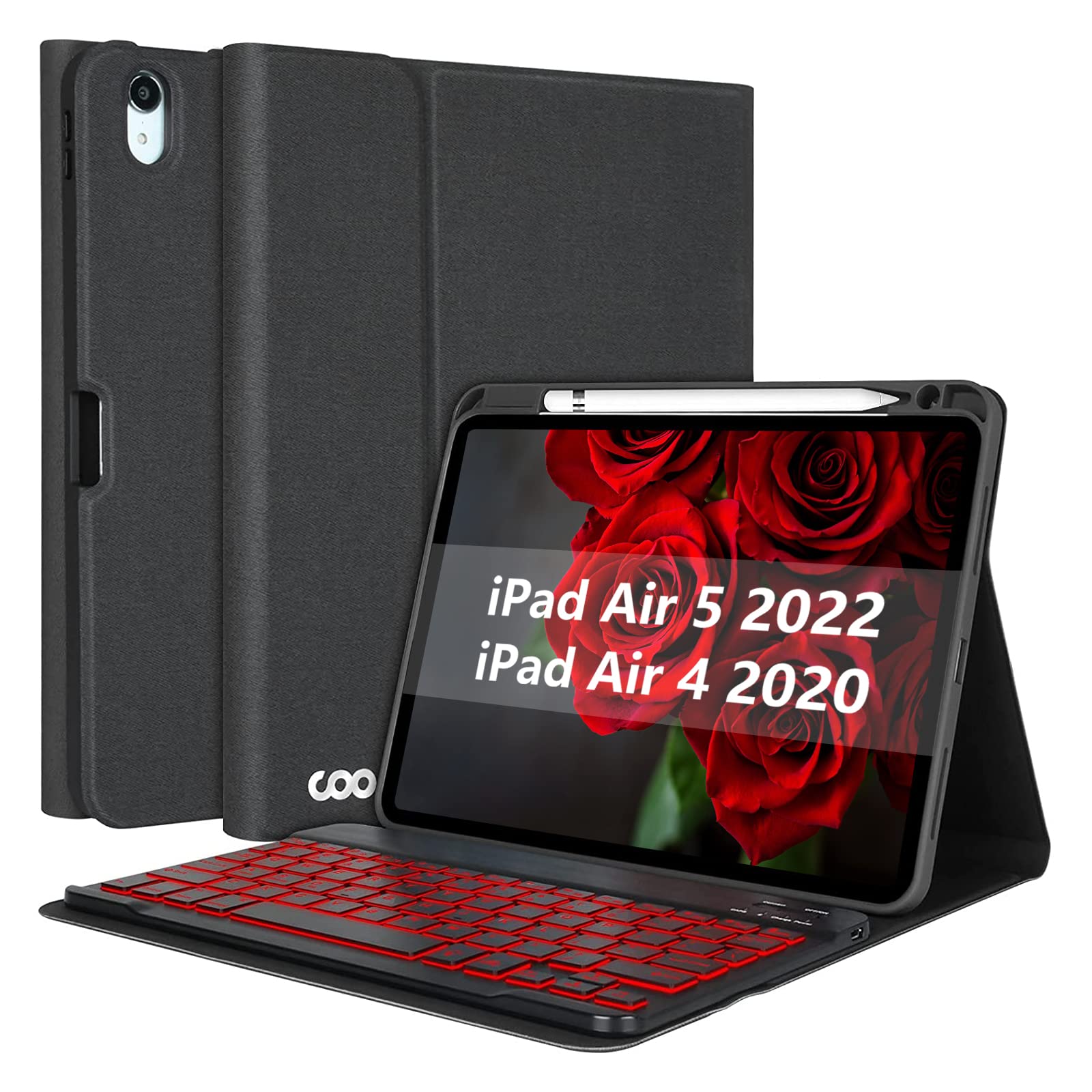 iPad Air 5th Generation Case with Keyboard iPad 10.9 2022 Keyboard Case with Pencil Holder 7 Color Backlit Detachable Bluetooth Keyboard Case for iPad 10.9" Air 5th 4th Gen iPad 11 Pro 2018,Black