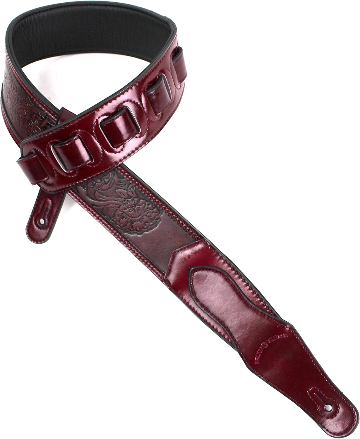 Walker & Williams LID-06 Sangria Purple Leather Padded Guitar Strap with Western Floral Tooling