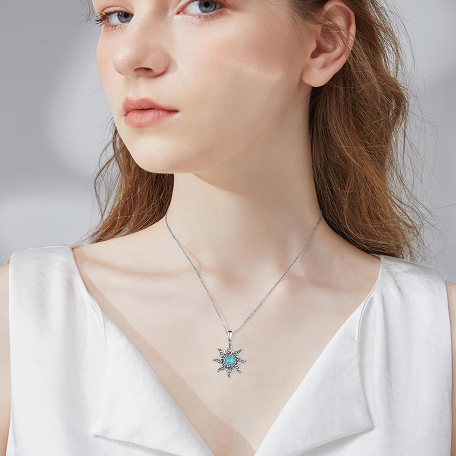 Sun Turquoise Necklace 925 Sterling Silver Genuine Turquoises Sun Necklace Western Nature Gemstone Turquoise Jewelry Gifts for Women