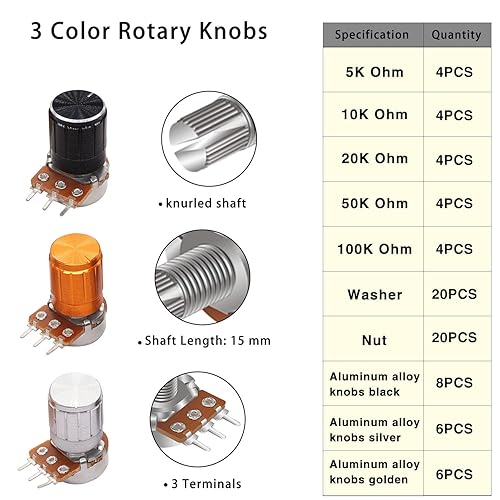 Miniatura 2 de Taiss 80PCS Potentiometer Kit,WH148 B5K 10K 20K 50K 100K Ohm Single Linear Taper Rotary Audio B Type Potentiometers with Rotary knobs and Nuts
