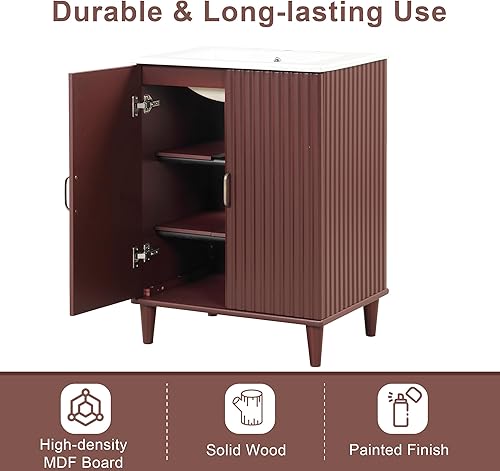 Miniatura 4 de Conjunto de tocador de baño de 24 pulgadas con lavabo, moderno juego de gabinete de baño pequeño individual con 2 puertas de cierre y estante