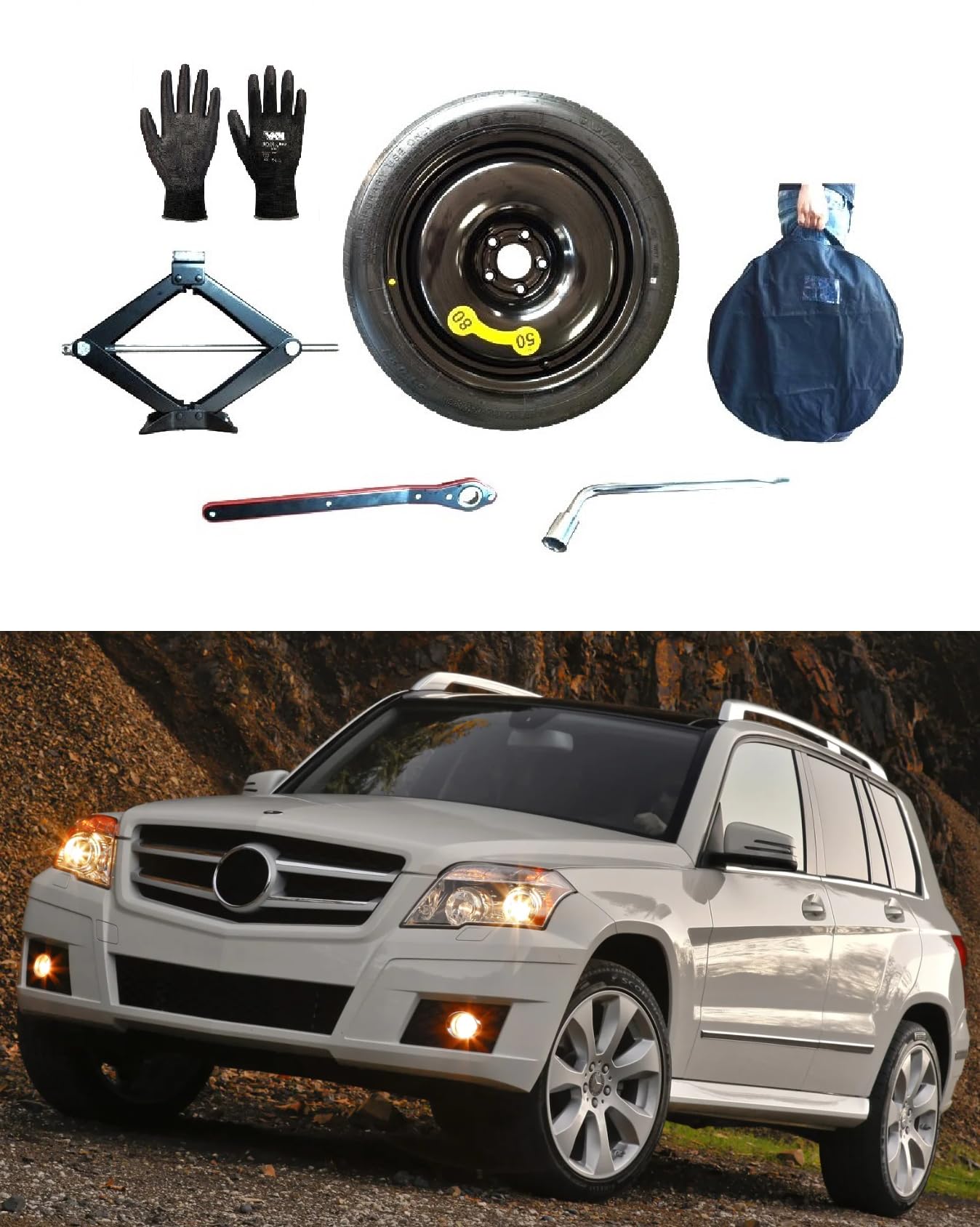 17" Notrad kompatibel mit Mercedes GLK mit Wagenheber, Schlüssel, Handschuhe und Tasche