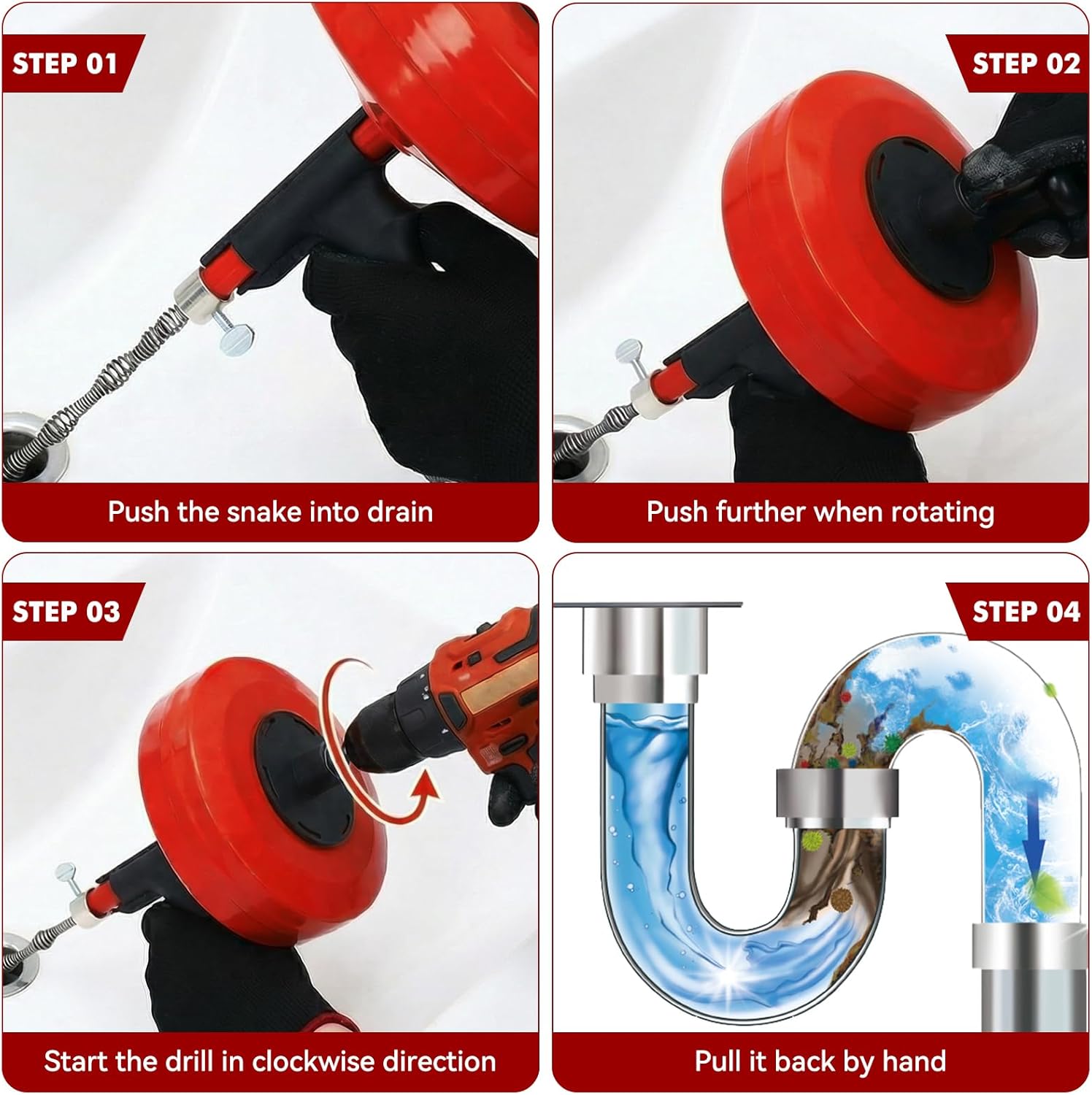 50FT Drain Auger, Dual-Mode Plumbing Snake with Drill Attachment, Sewer Pipe Clog Remover for Kitchen/Bathroom/Shower/Toilet, 6 Hair Clog Removers + Storage Bag, Destapador de tuberia (50 FT, Red)