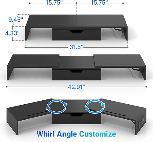 Miniatura 8 de Elephance Soporte de monitor dual con puertos USB, soporte de madera para monitor de computadora con cajón, soporte elevador de monitor ajustable,