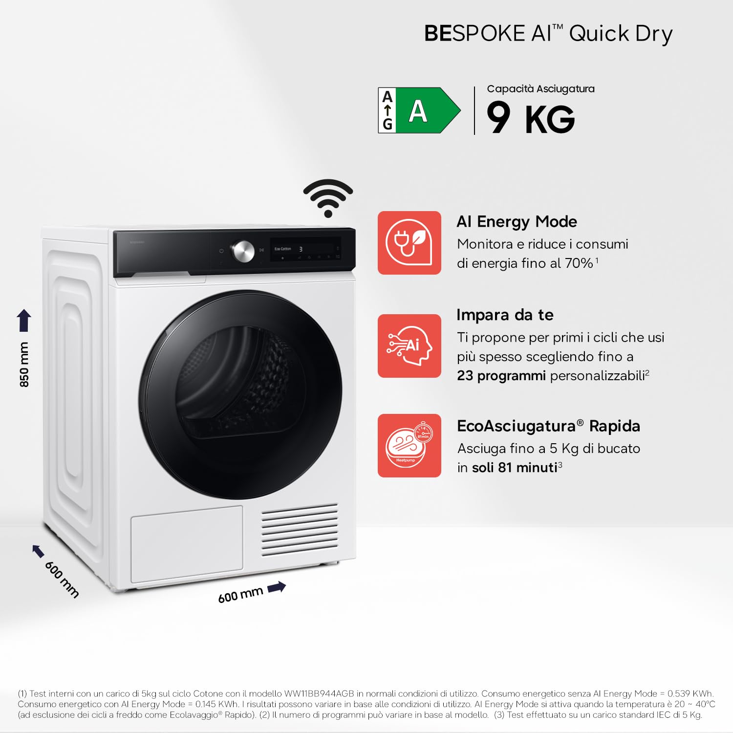 Samsung Asciugatrice Bespoke AI DV90DB7845GE/U3, 9 kg, Pompa di Calore, Wifi, QuickDrive, AI Dry, Sensore Optimal Dry, Display AI Control, Carica Frontale, 60L x 85H x 60P cm