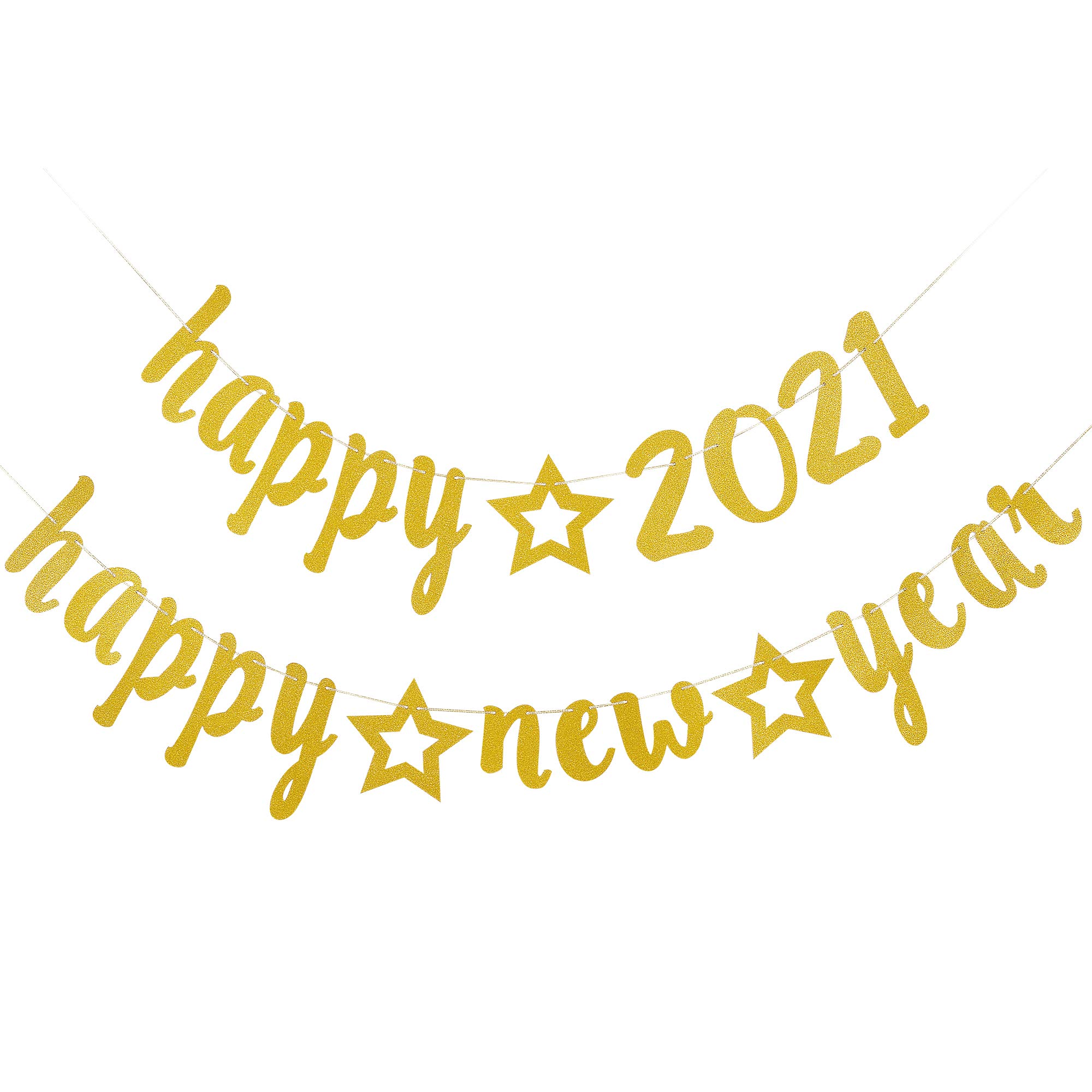Happy New Year Decorations 2021, Happy 2021 Happy New Year Gold Glittery Banner, New Years Eve Party Supplies 2021, New Years Holiday Fireplace Mantle Home Party Decor