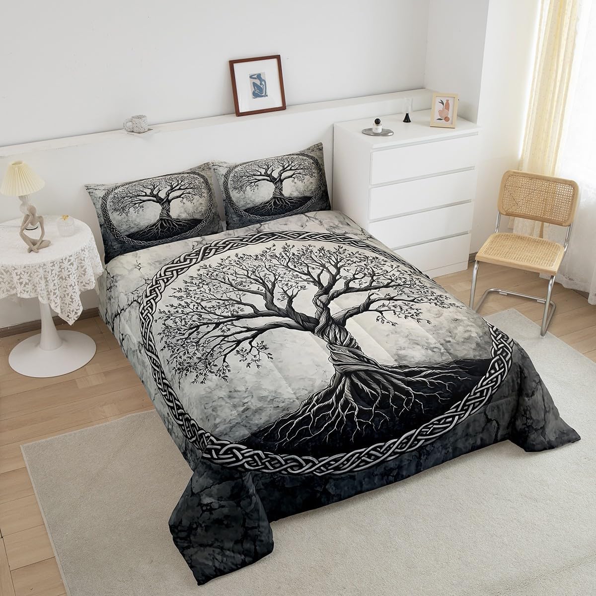 Tree of Life Comforter Set King Size,Black Grey Bedding Sets for Kids Girls Boys Teens Adult Bedroom Decor,Nature Tree Aesthetic Down Comforter Abstract Viking Style Quilt Set,2 Pillowcases