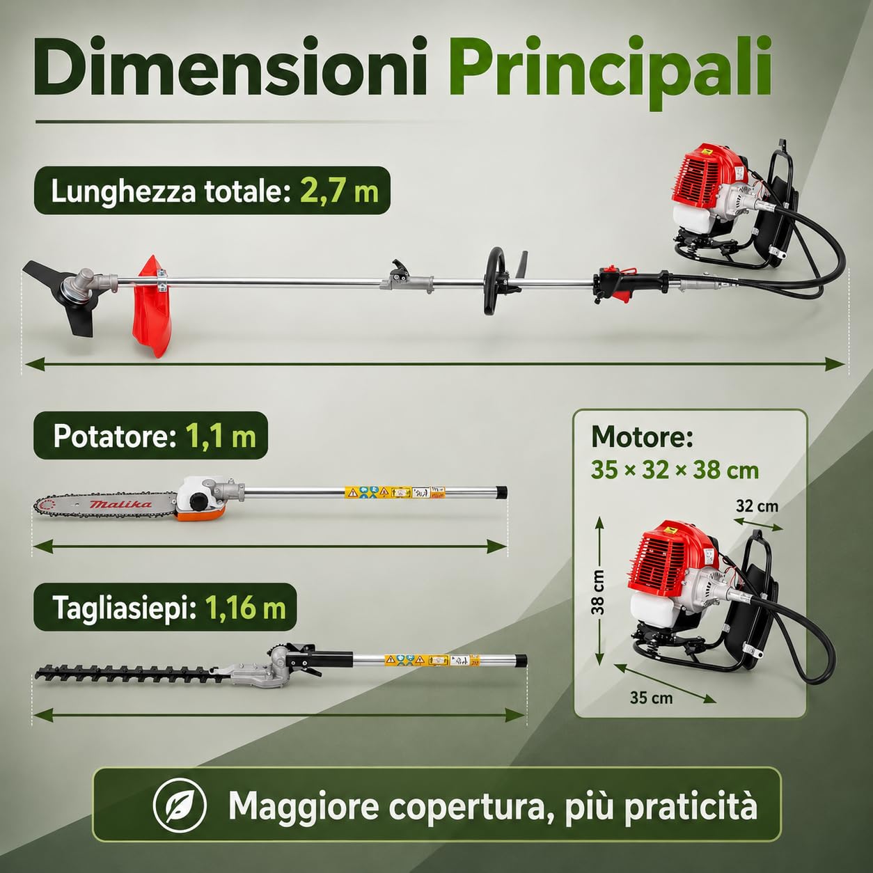 Kosiarka spalinowa 4 w 1, 52 cm³, 2-suwowa podkaszarka do trawy, przenośna podkaszarka spalinowa do szczotki, przecinarki, piły łańcuchowej, podkaszarki do trawnika/podkaszarki do żywopłotu
