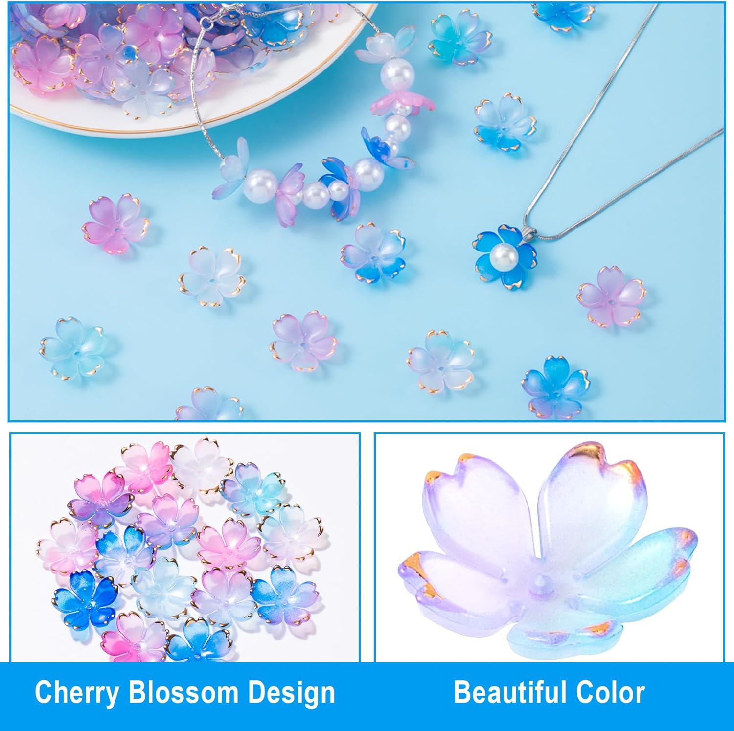 100pcs Cherry Blossom Floral Beads, Blue Gradient 5-Petal Acrylic Flower Charms, Gold-Plated Mini Spacers Beads for Bracelets Necklaces Earrings Jewelry Making - Image 3