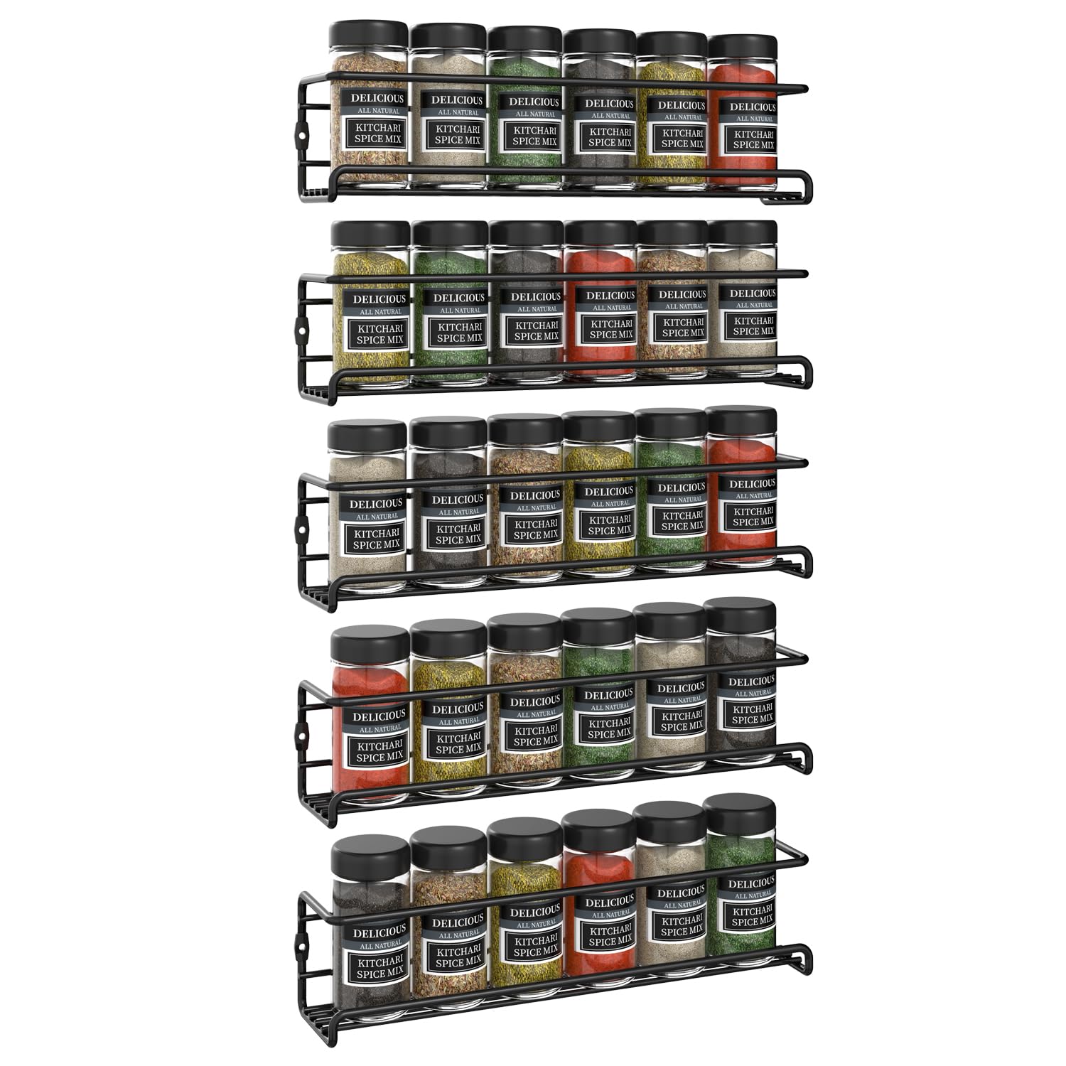 – Vinsani 1/2/3/4/5/6 Tier Spice Racks Organiser - 5 Tier Flexible Herb Spices Condiments Jar Wall Mounted Hanging Storage with Adhesive Stickers & Screws For Pantry Kitchen Walls (Black)