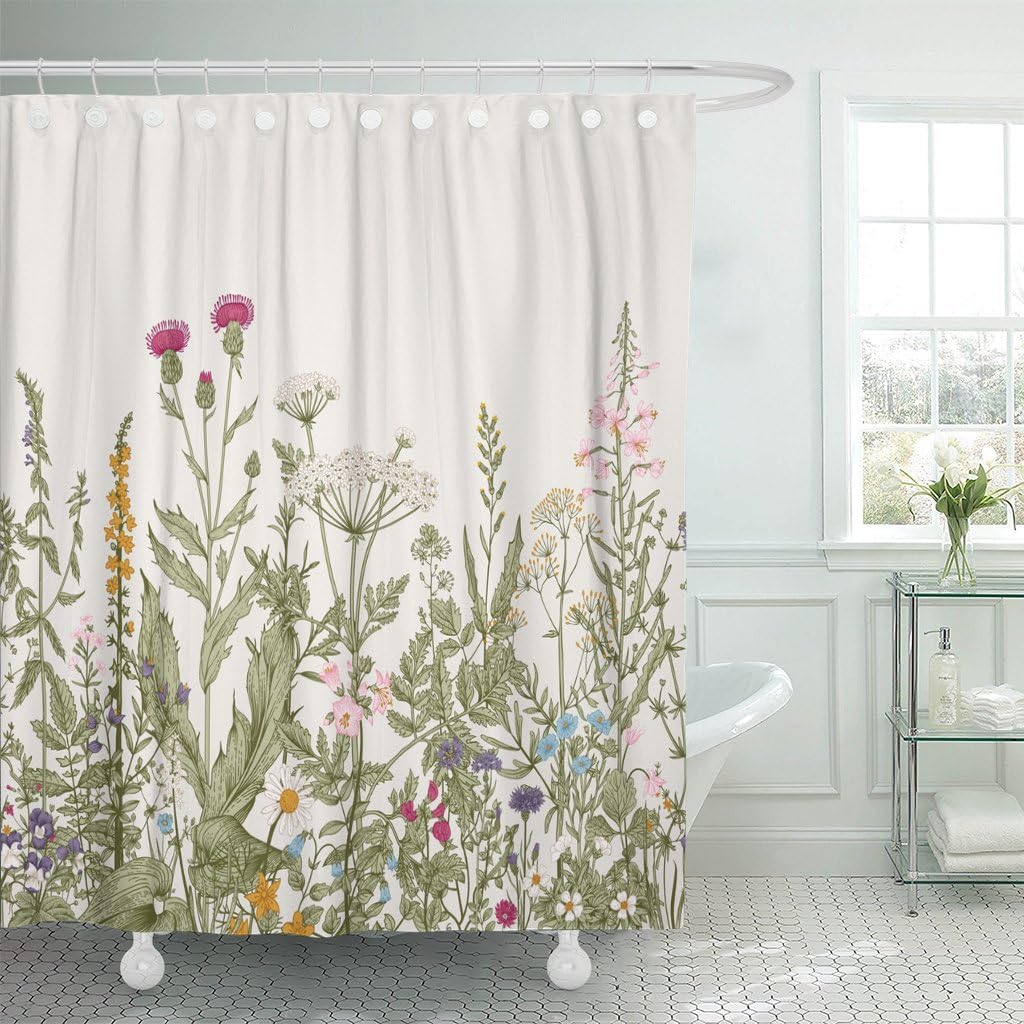 MAYTEC Shower Curtain Vintage Floral Border Herbs and Wild Flowers Botanical Engraving Style Colorful Field Vegetation Waterproof Polyester Fabric 72 x 72 inches Set with Hooks