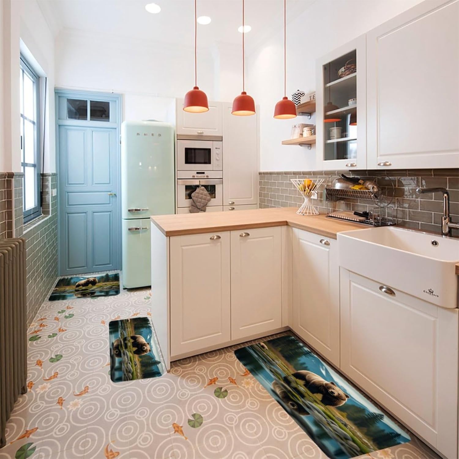 River Bear Mom Kitchen Mats for Floor 3PCS Waterproof Low-Profile Kitchen Rugs Floor Mat Non Slip Anti Fatigue Mats Comfort Standing Mat Runner Rug Area Rug 6"x24"+20"x31"+17"x47"