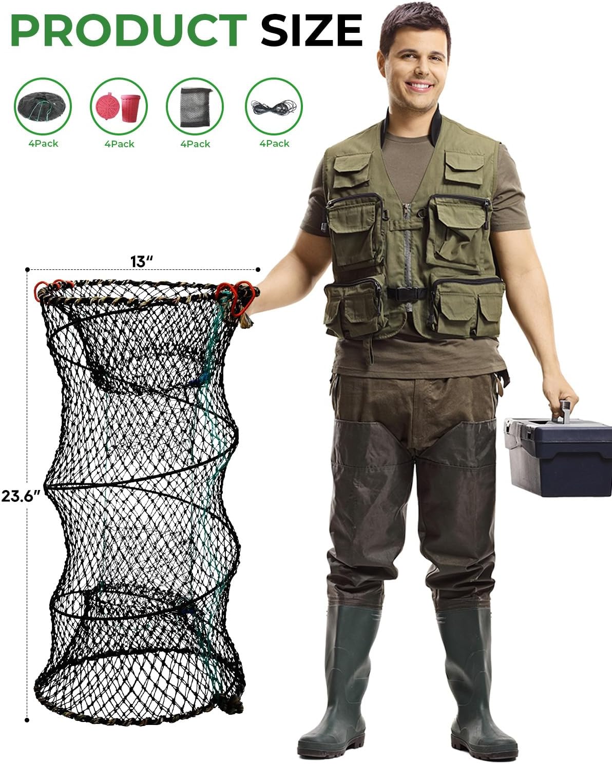 4Pack Crawfish Trap, Minnow Trap, Collapsible Fish Trap - Foldable Mesh Fishing Net for Crab, Shrimp, Catfish & Lobster with 10m Rop