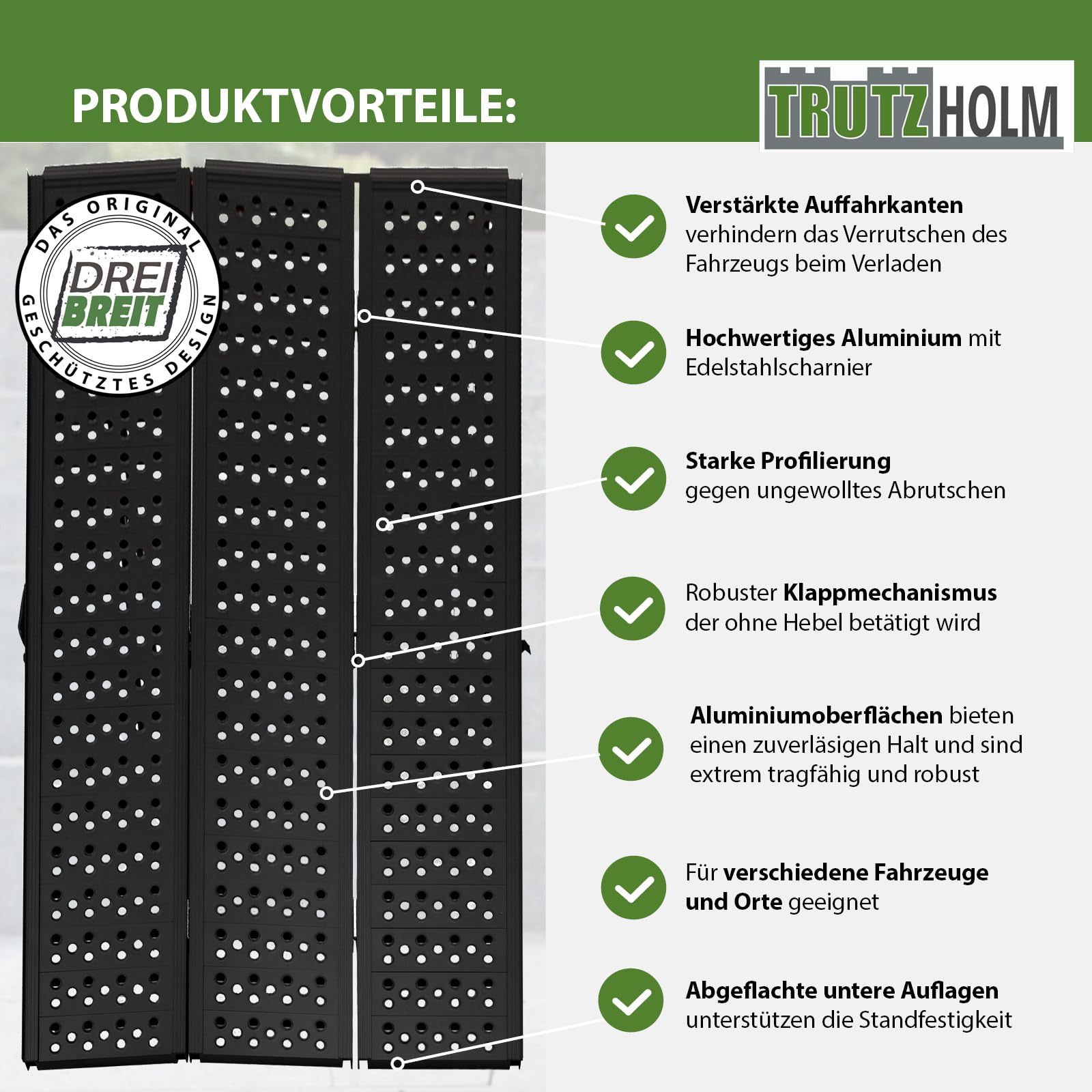 DREIBREIT by TRUTZHOLM 2-Fach Auffahrrampe klappbar 215 cm Traglast 1020 kg Alu schwarz gelocht Verladerampe Rampe