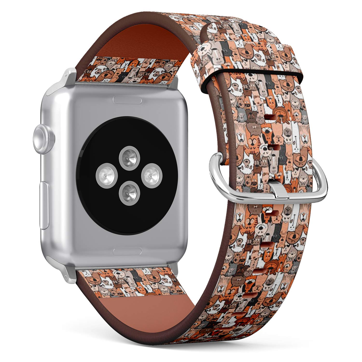 Compatible with Apple Watch Series 7/6/5/4/3/2/1 (Big Version 42/44/45 mm) Leather Wristband Bracelet Replacement Accessory Band + Adapters - Doodle Dogs Cats