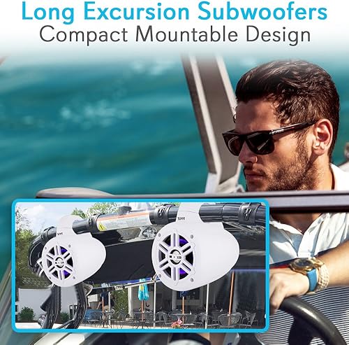 Miniatura 5 de Pyle Altavoces de torre de wakeboard marinos impermeables  Juego de altavoces de subwoofer dual de 4 pulgadas con luces LED y Bluetooth para