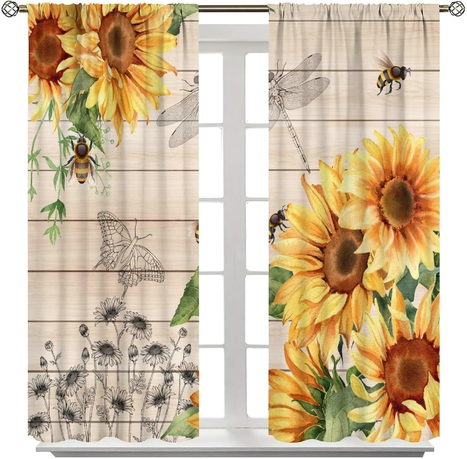 Sunflower Curtains Country Farmhouse Vintage Floral Wooden Board Art Printed Blackout Window Drapes for Bedroom Kitchen Decor Fabric Set 2 Panel 42x45 Inch 80% Shading Rate
