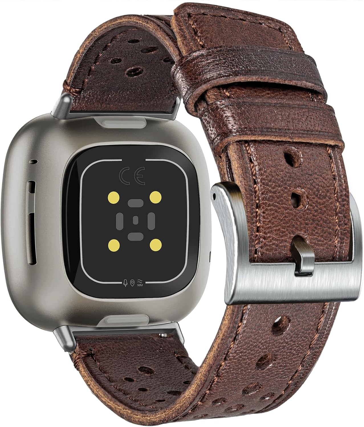 HEMSUT Genuine Perforated Leather Watch Band Compatible with Fitbit Versa 3 / Versa 4 / Sense/Sense 2 - Stainless Steel Buckles -Military Tactical Style Replacement Wristband